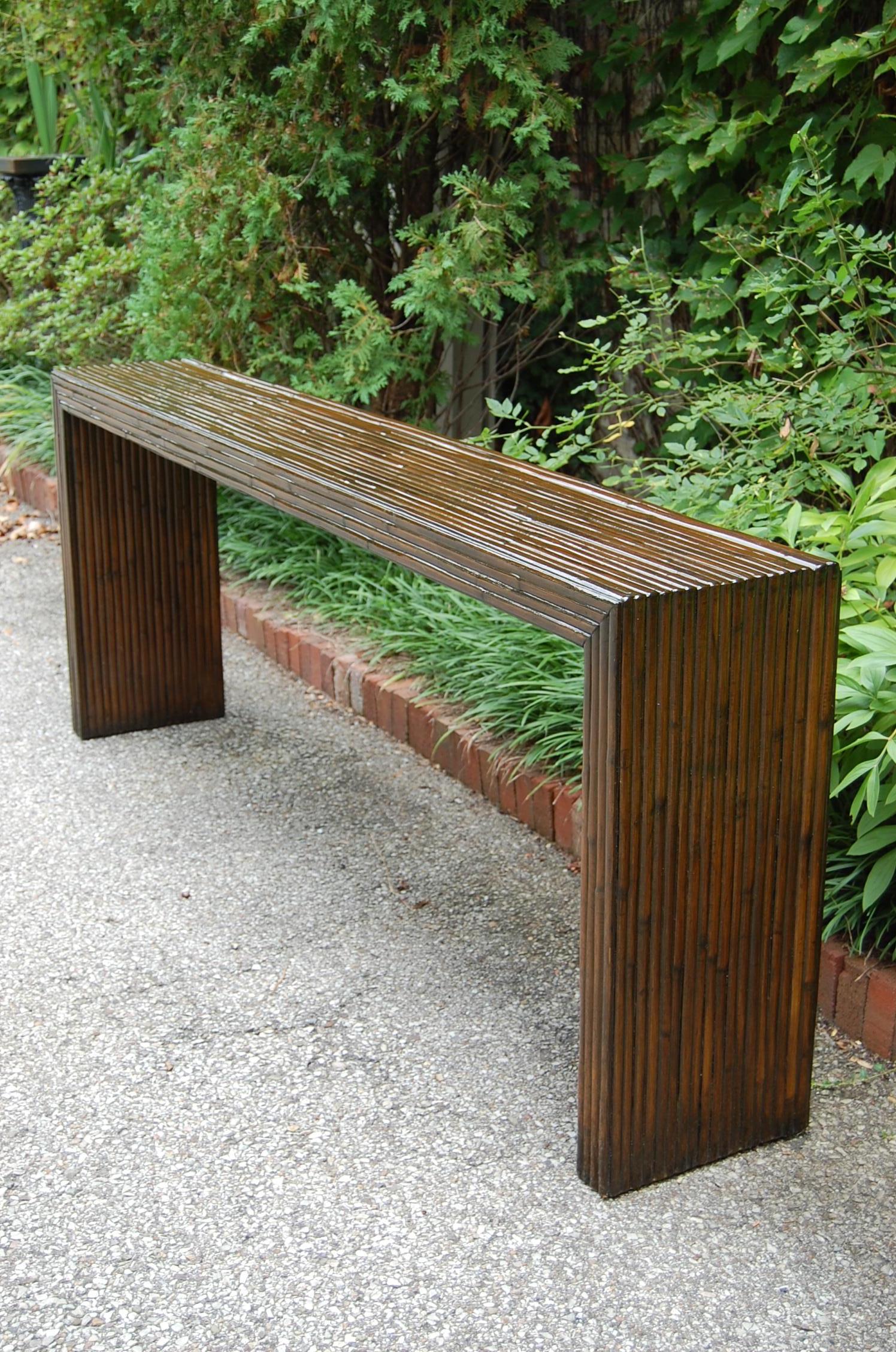 American Custom Made Modern Faux Bamboo Console Table in Dark Brown Lacquered Finish