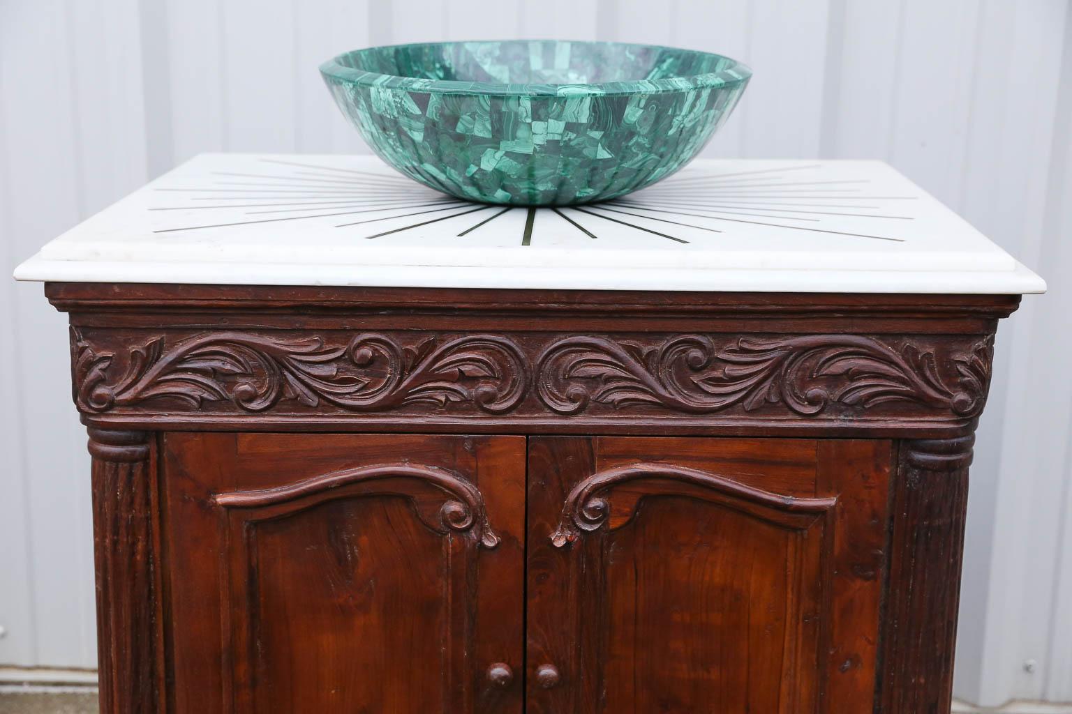 Hand-Crafted Custom Made Modern Malachite Sink on a Highly Decorative Teak Wood Vanity For Sale