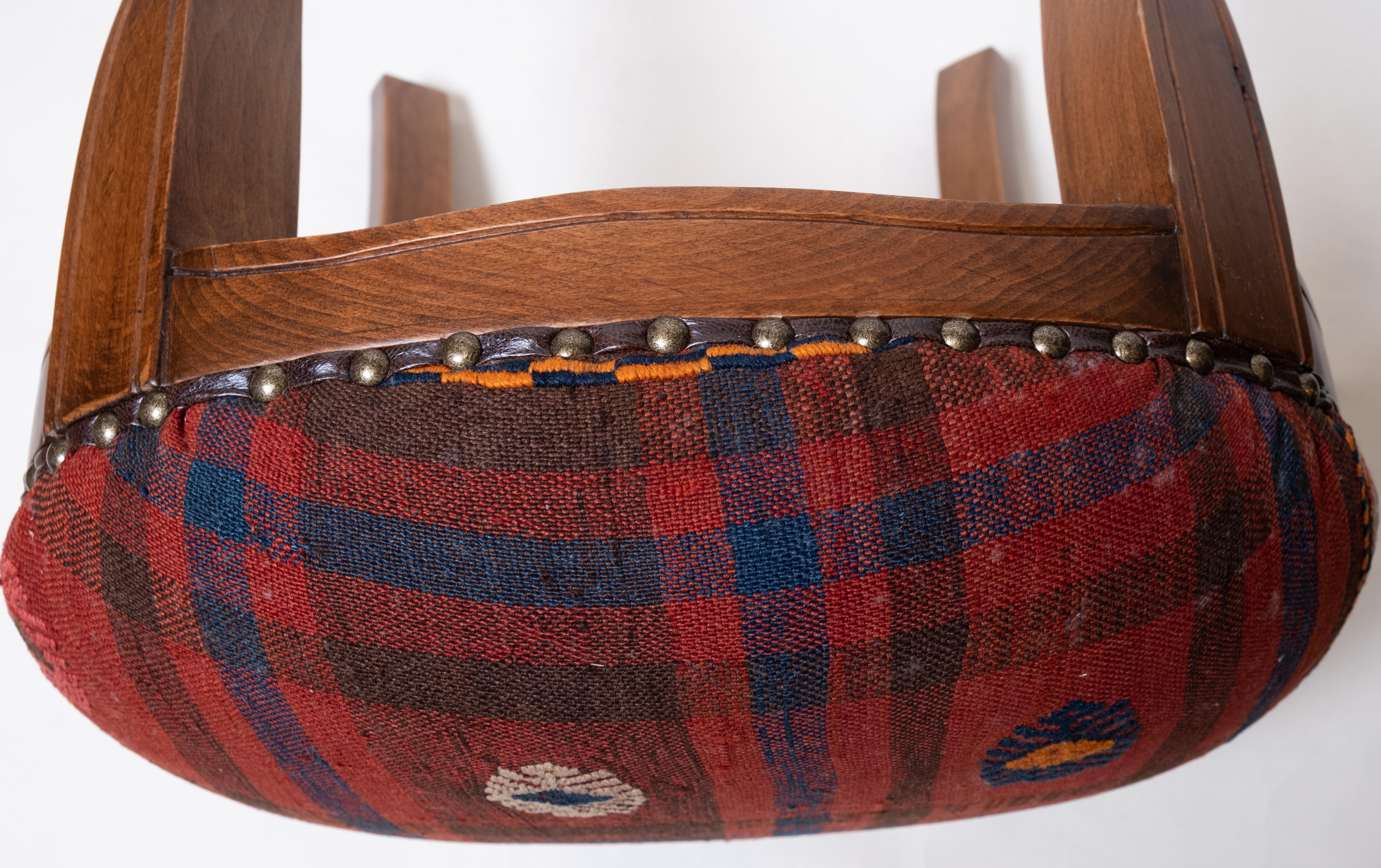 Hand-Crafted Custom Made Modern Ottoman with Vintage Turkish Anatolian Kilim Cover & Oak Wood For Sale