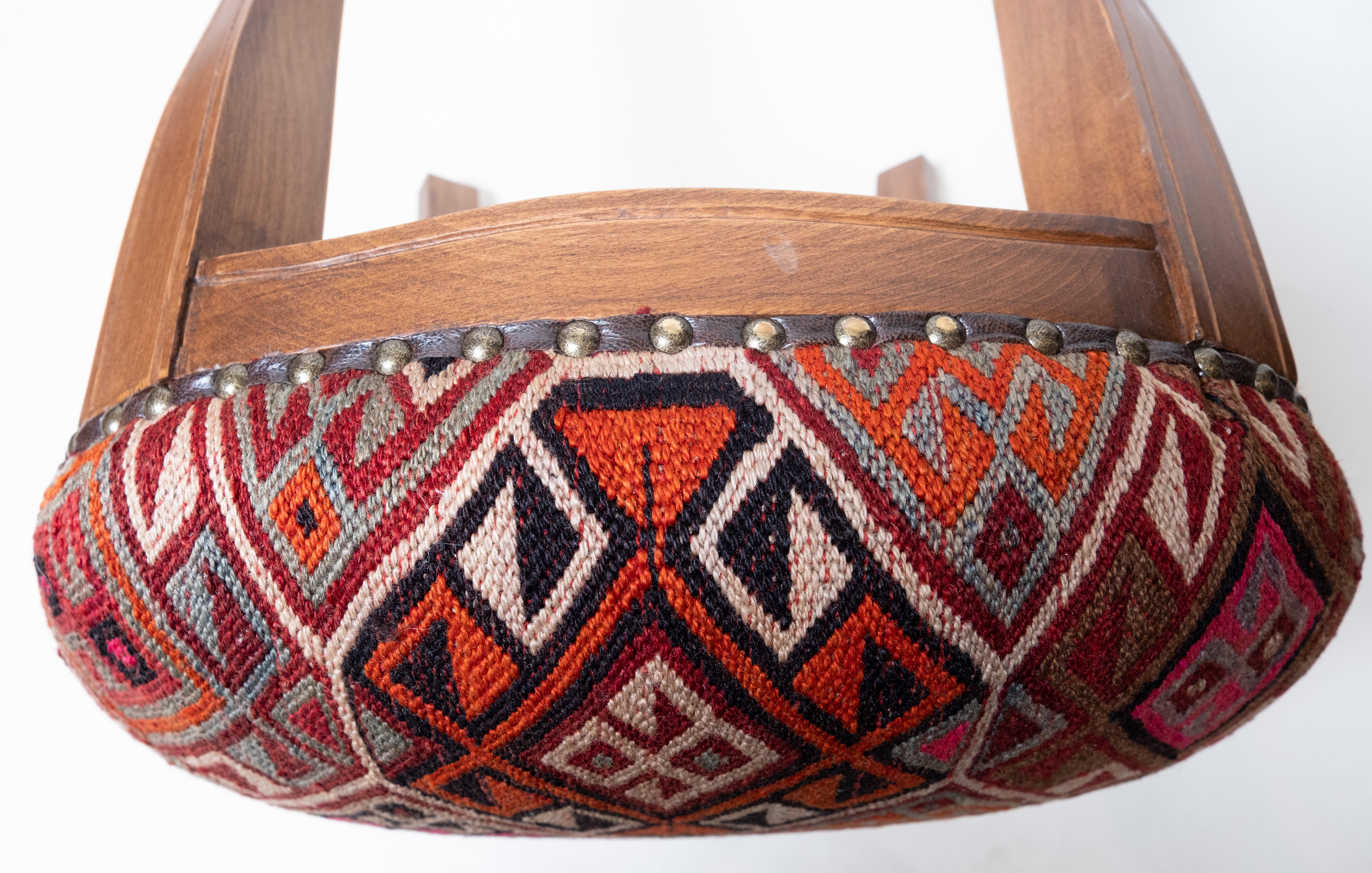 Hand-Knotted Custom Made Modern Ottoman with Vintage Turkish Anatolian Kilim Cover & Oak Wood