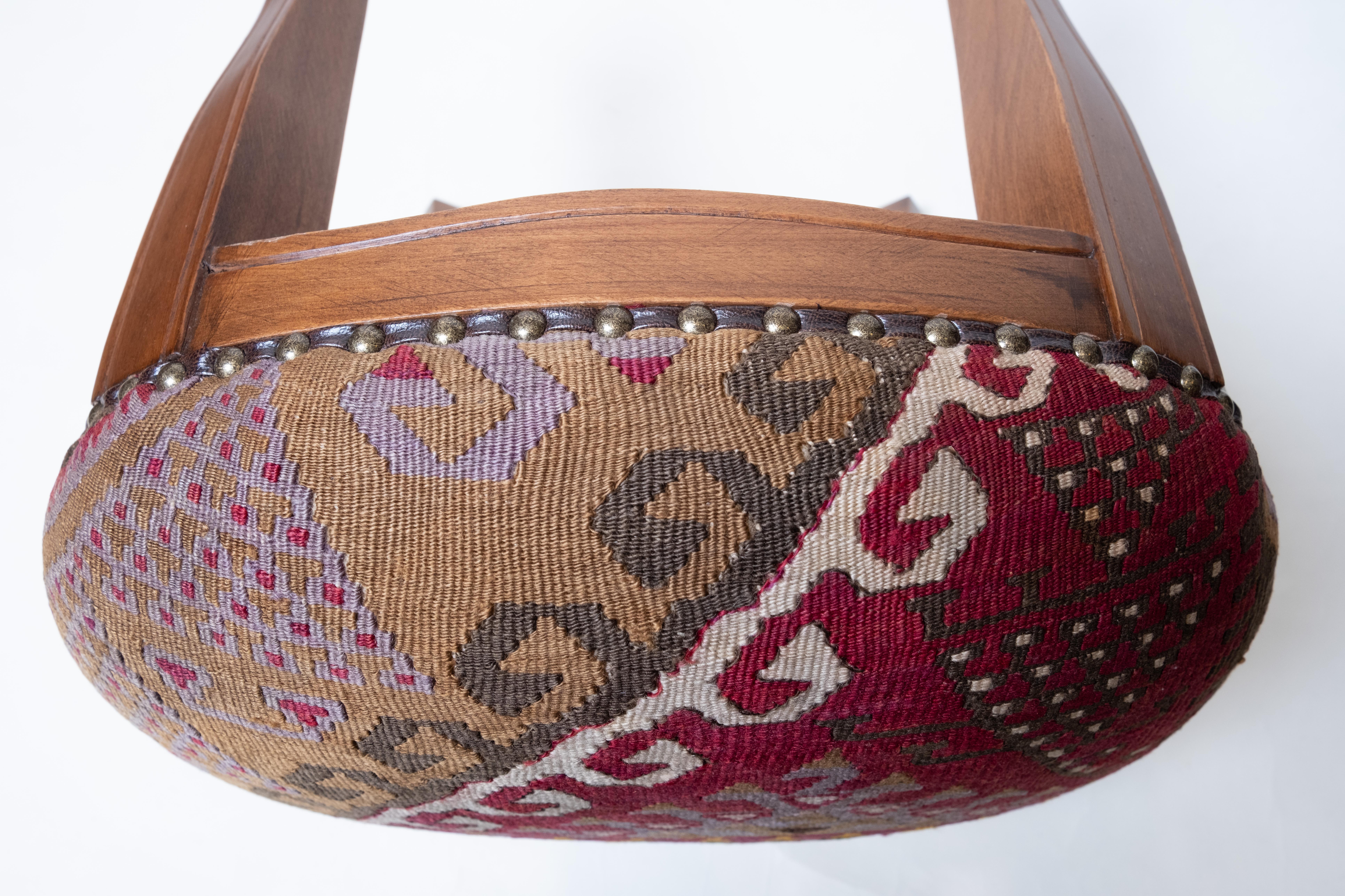 Hand-Crafted Custom Made Modern Ottoman with Vintage Turkish Anatolian Kilim Cover & Oak Wood
