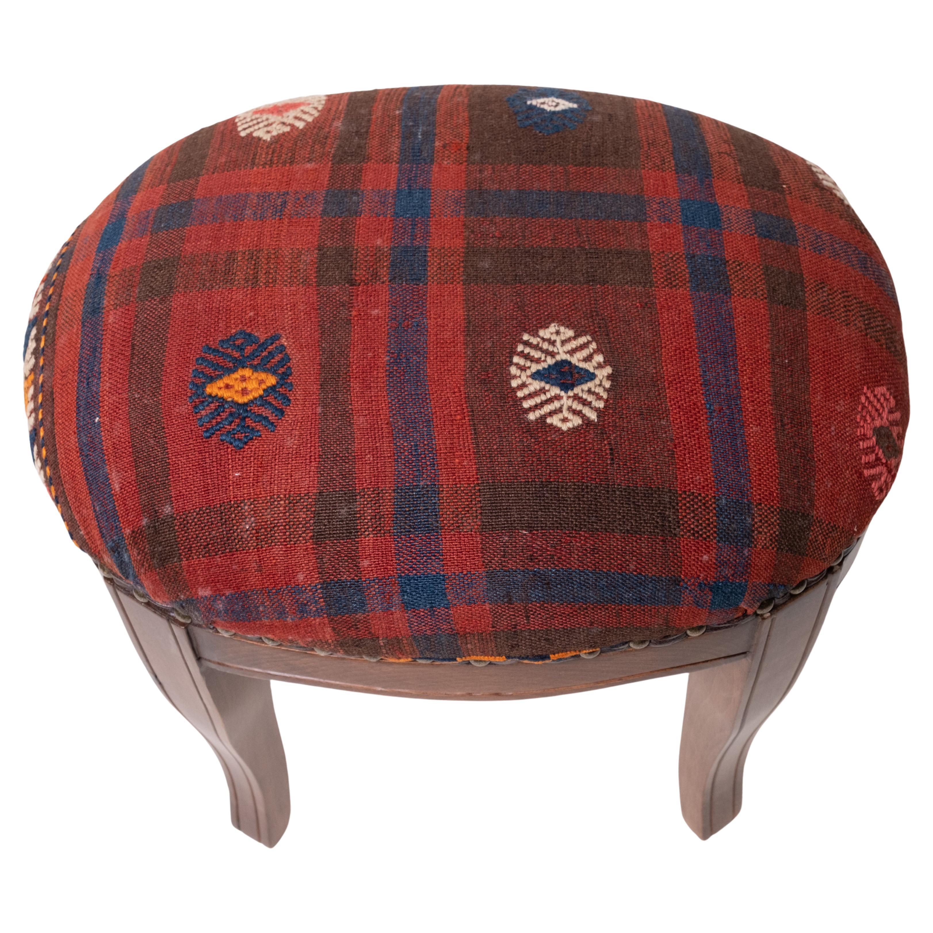 Custom Made Modern Ottoman with Vintage Turkish Anatolian Kilim Cover & Oak Wood For Sale