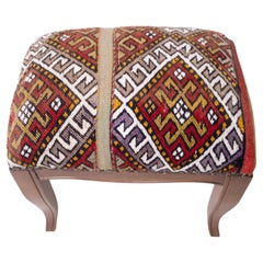Custom Made Modern Ottoman with Vintage Turkish Anatolian Kilim Cover & Oak Wood