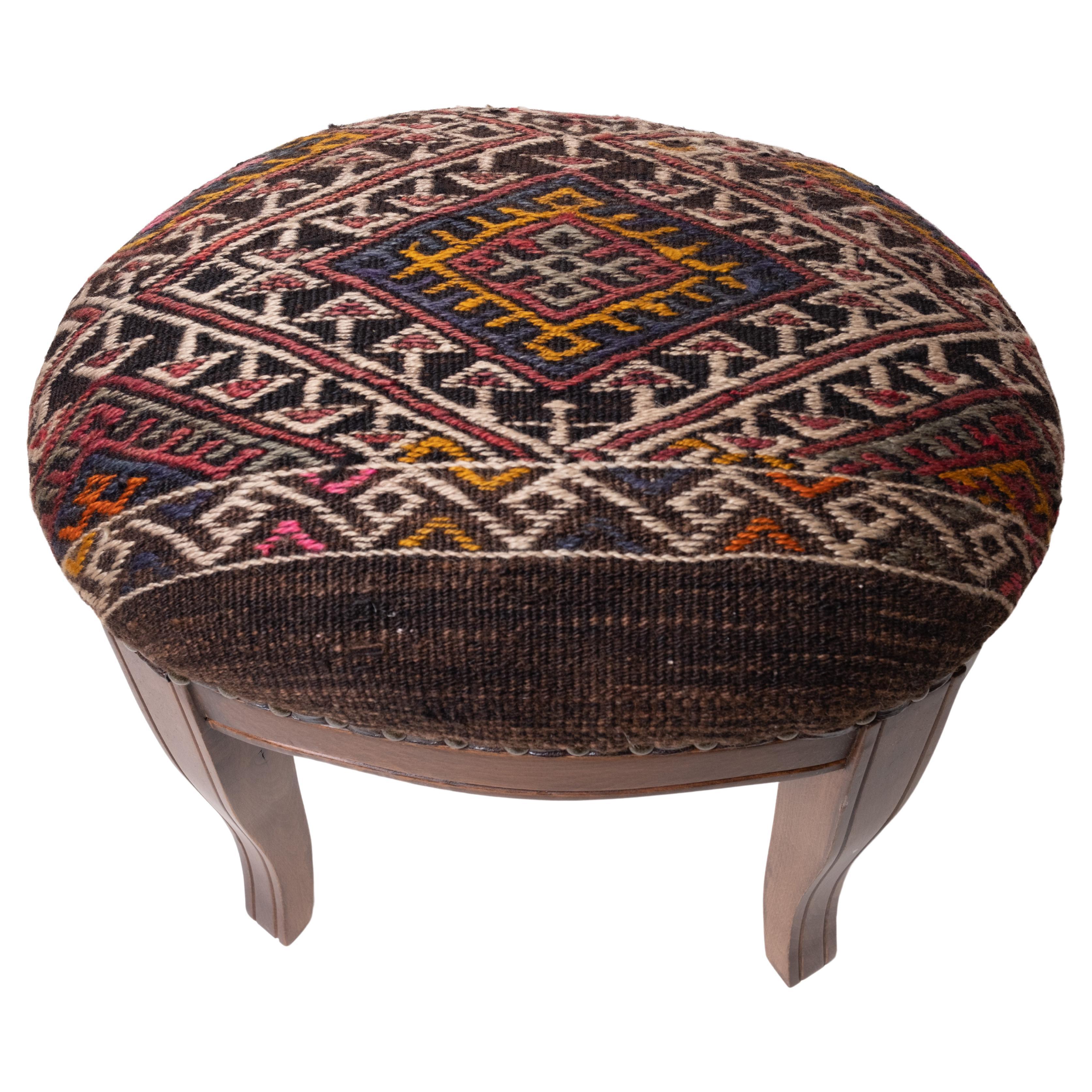 Custom Made Modern Ottoman with Vintage Turkish Anatolian Kilim Cover & Oak Wood