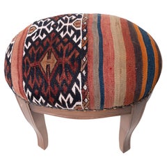 Custom Made Modern Ottoman with Vintage Turkish Anatolian Kilim Cover & Oak Wood