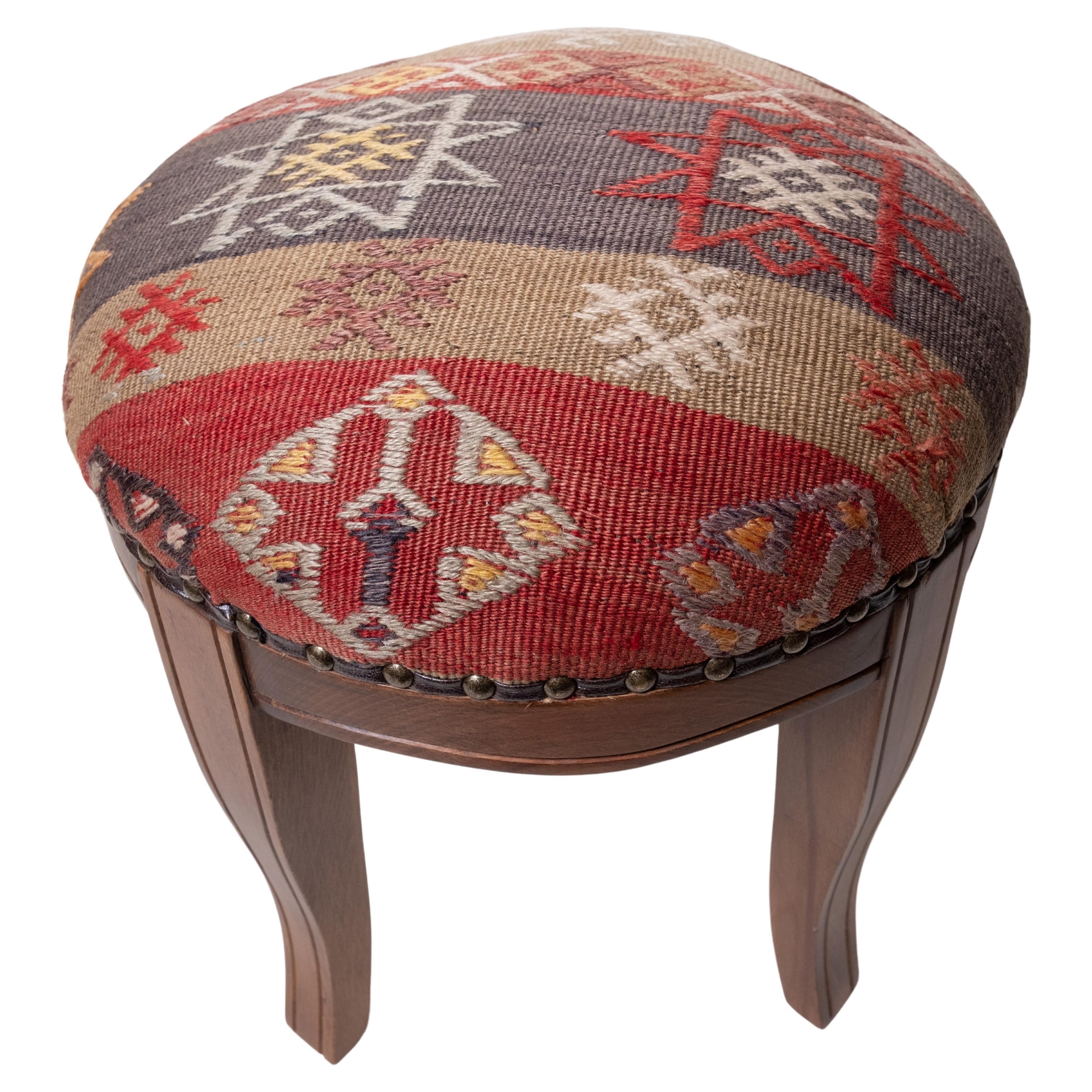 Custom Made Modern Ottoman with Vintage Turkish Anatolian Kilim Cover & Oak Wood