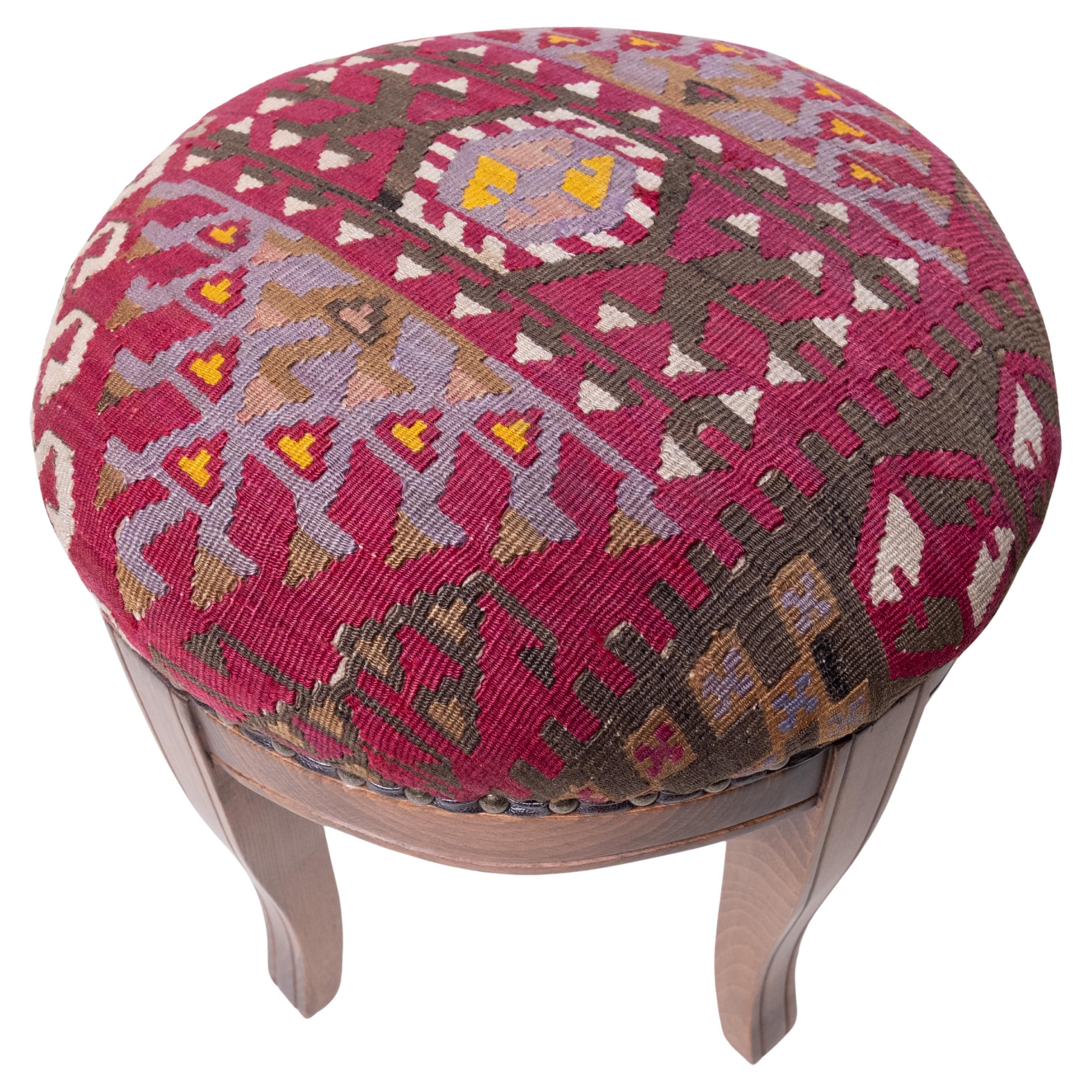 Custom Made Modern Ottoman with Vintage Turkish Anatolian Kilim Cover & Oak Wood