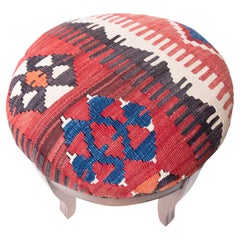 Custom Made Modern Ottoman with Vintage Turkish Anatolian Kilim Cover & Oak Wood