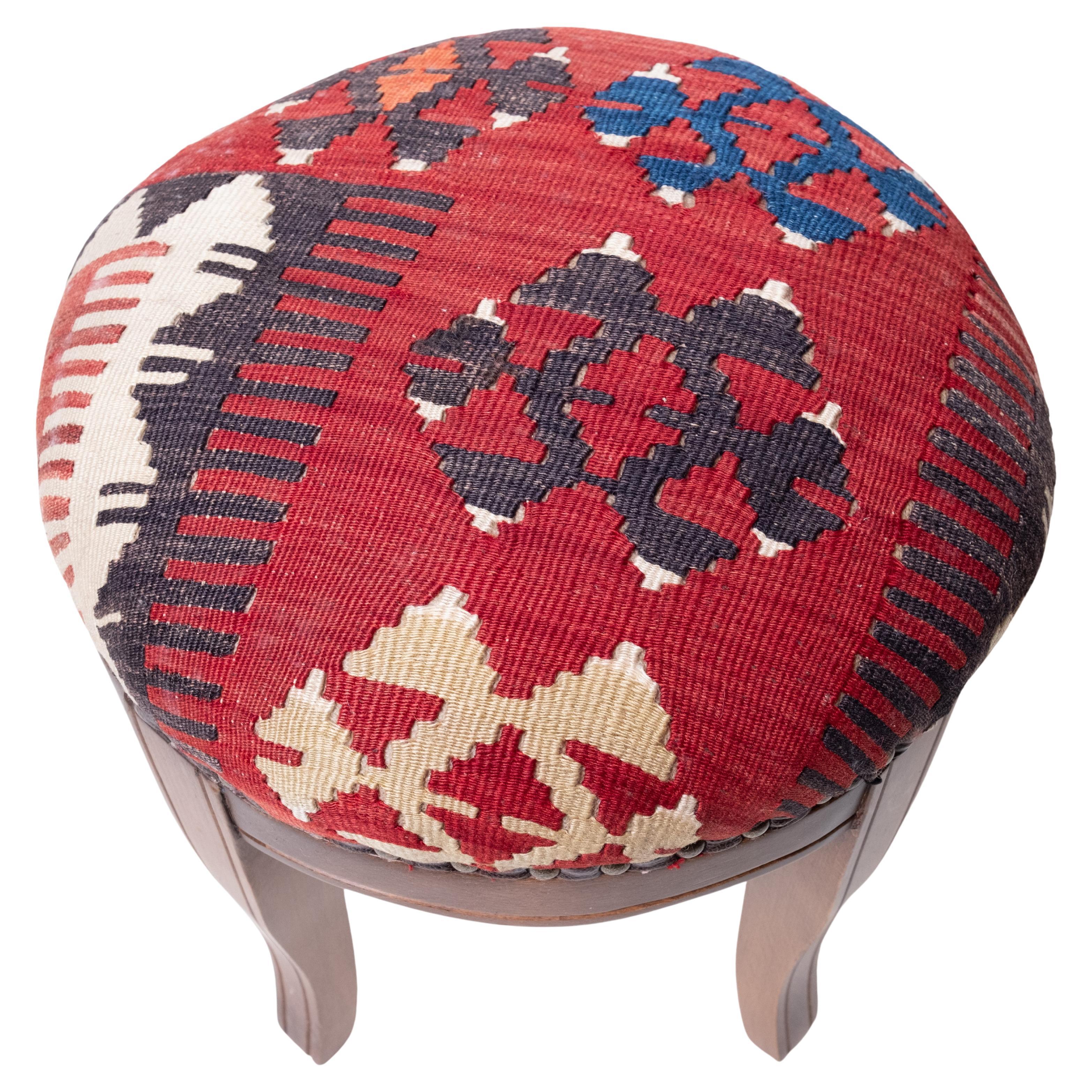 Custom Made Modern Ottoman with Vintage Turkish Anatolian Kilim Cover & Oak Wood