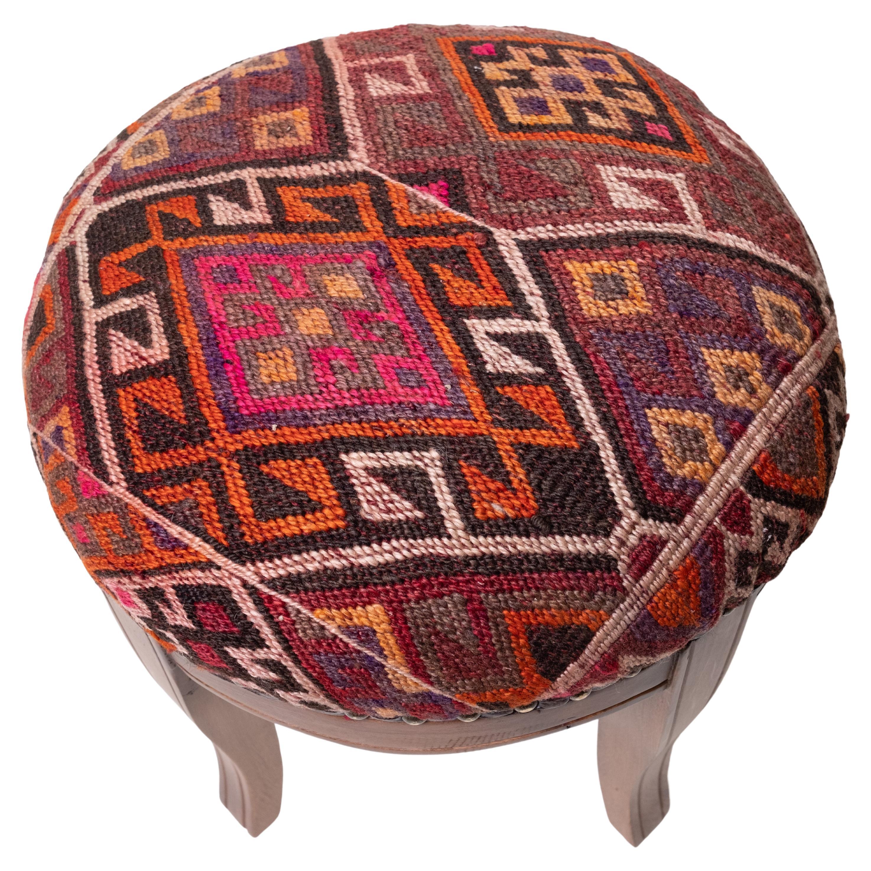 Custom Made Modern Ottoman with Vintage Turkish Anatolian Kilim Cover & Oak Wood