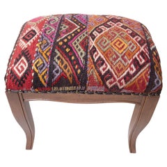 Custom Made Modern Ottoman with Vintage Turkish Anatolian Kilim Cover & Oak Wood