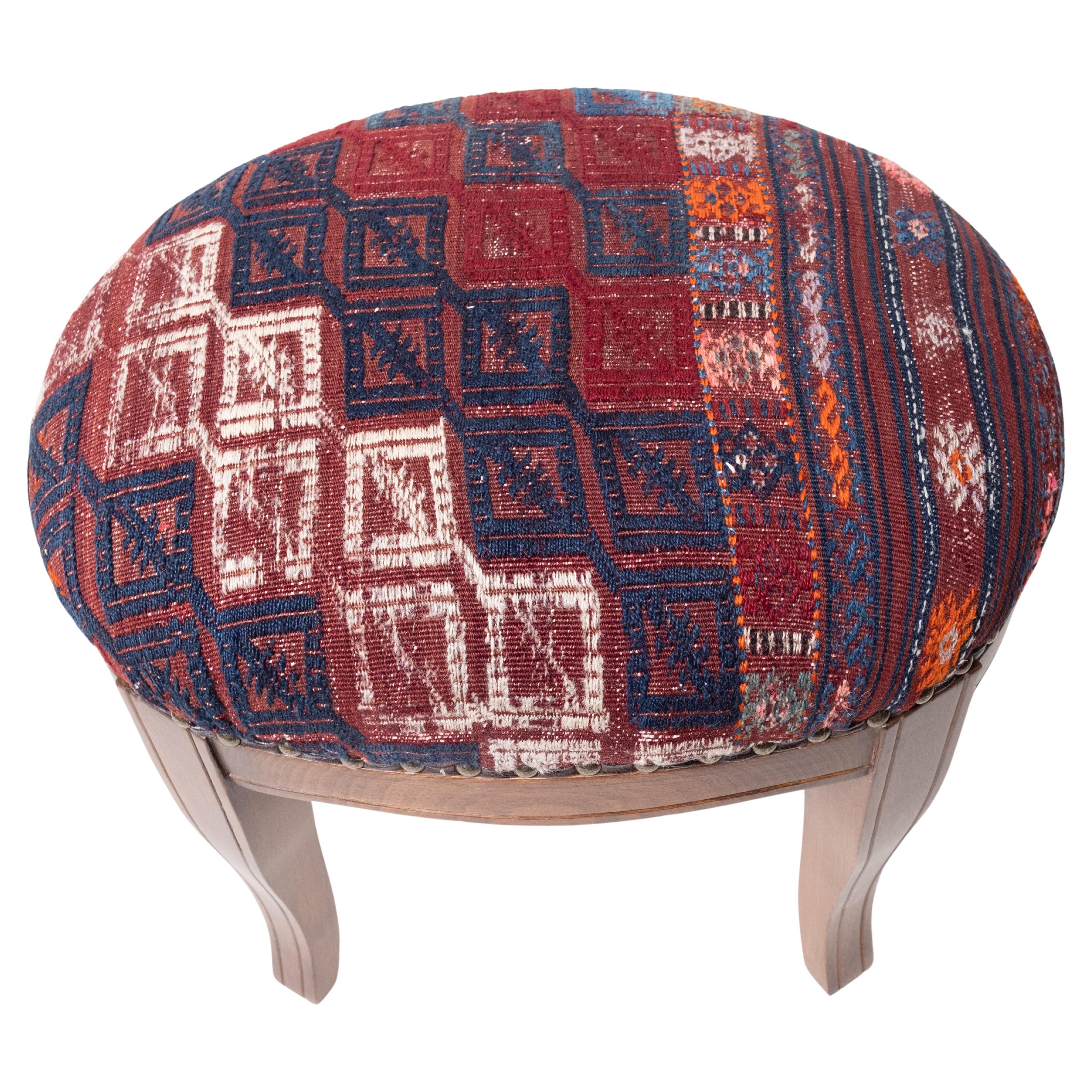 Custom Made Modern Ottoman with Vintage Turkish Anatolian Kilim Cover & Oak Wood For Sale