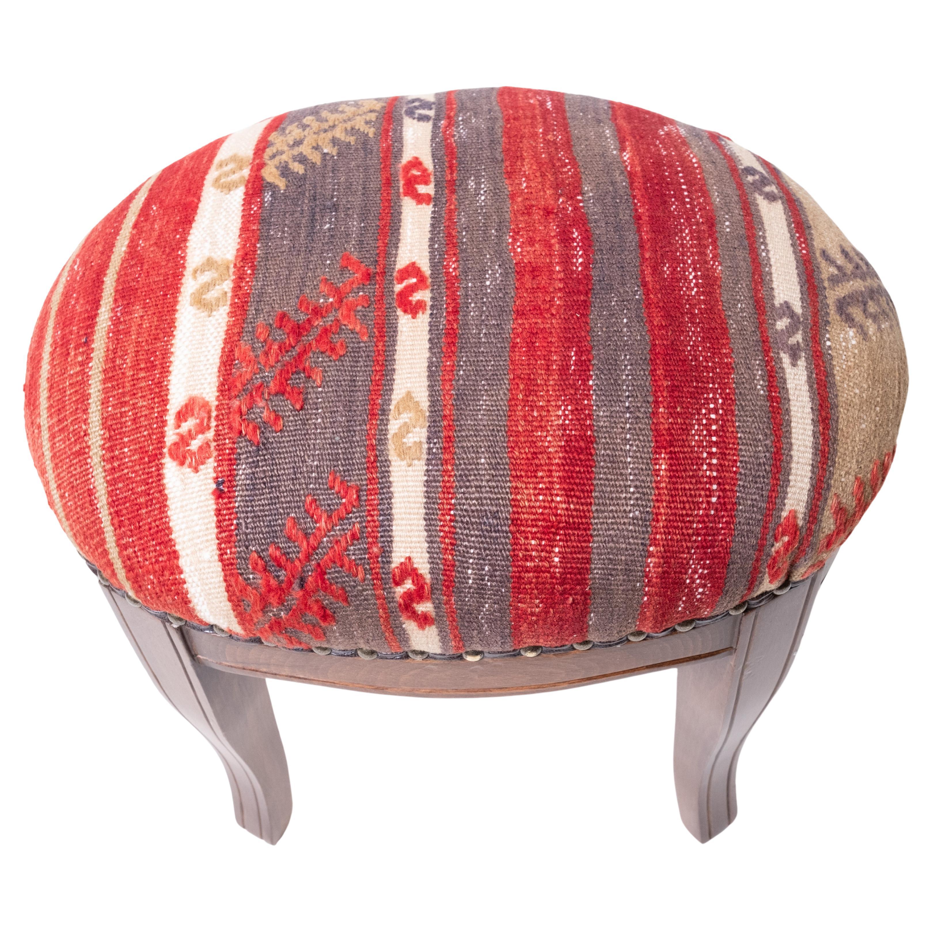 Custom Made Modern Ottoman with Vintage Turkish Anatolian Kilim Cover & Oak Wood For Sale