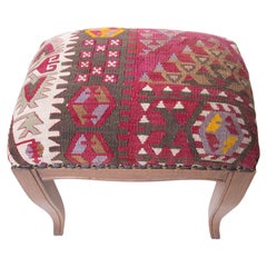 Custom Made Modern Ottoman with Vintage Turkish Anatolian Kilim Cover & Oak Wood