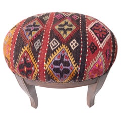 Custom Made Modern Ottoman with Vintage Turkish Anatolian Kilim Cover 
Oak Wood
