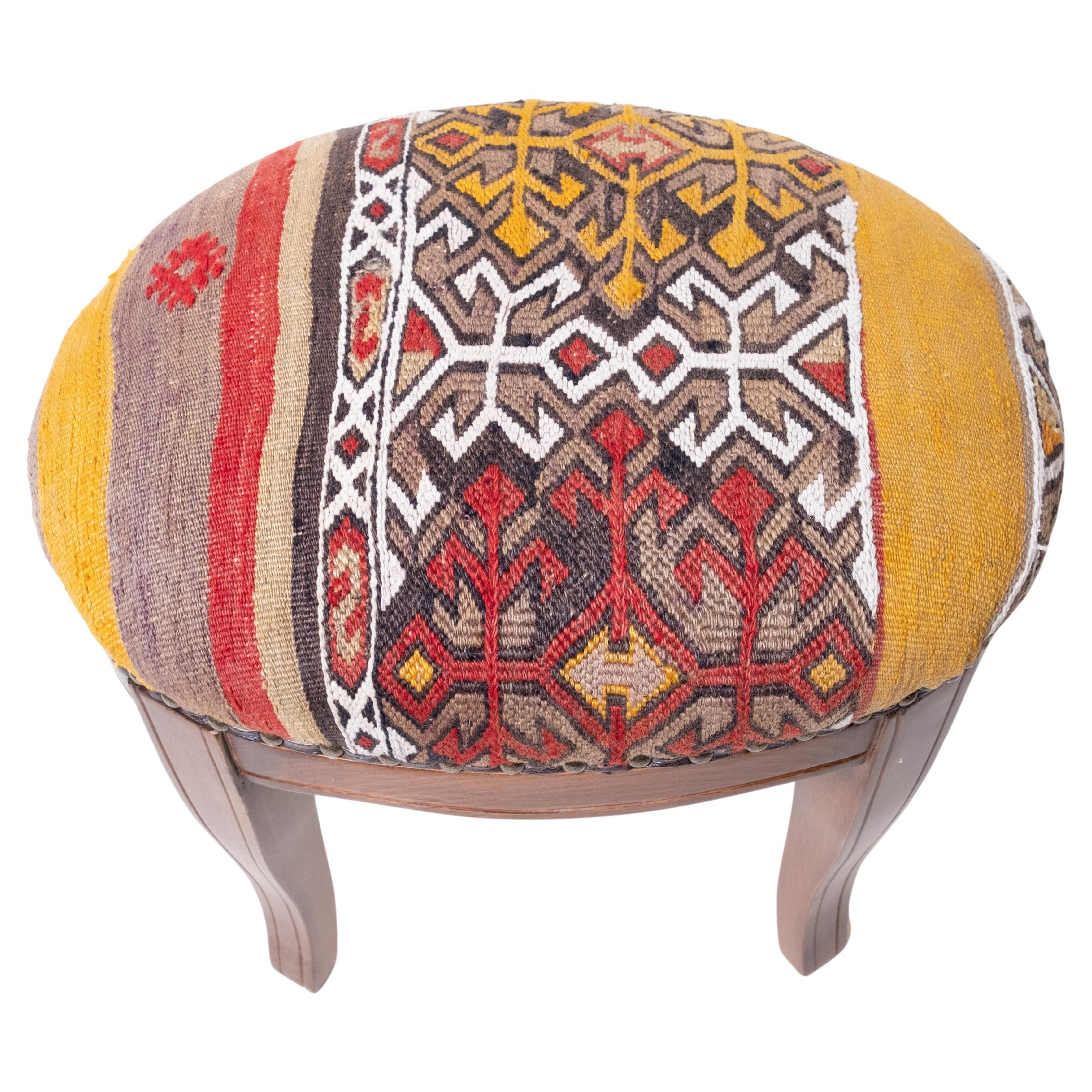 Custom Made Modern Ottoman with Vintage Turkish Anatolian Kilim Cover 
Oak Wood