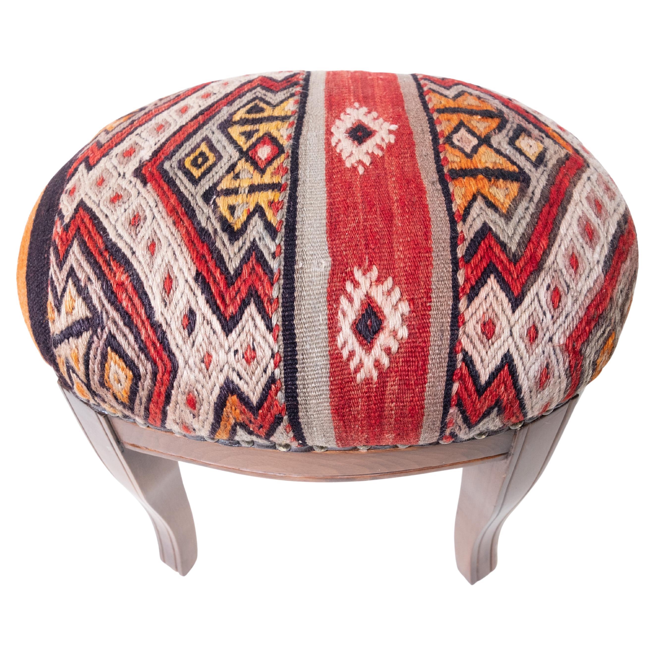 Custom Made Modern Ottoman with Vintage Turkish Anatolian Kilim Cover 
Oak Wood