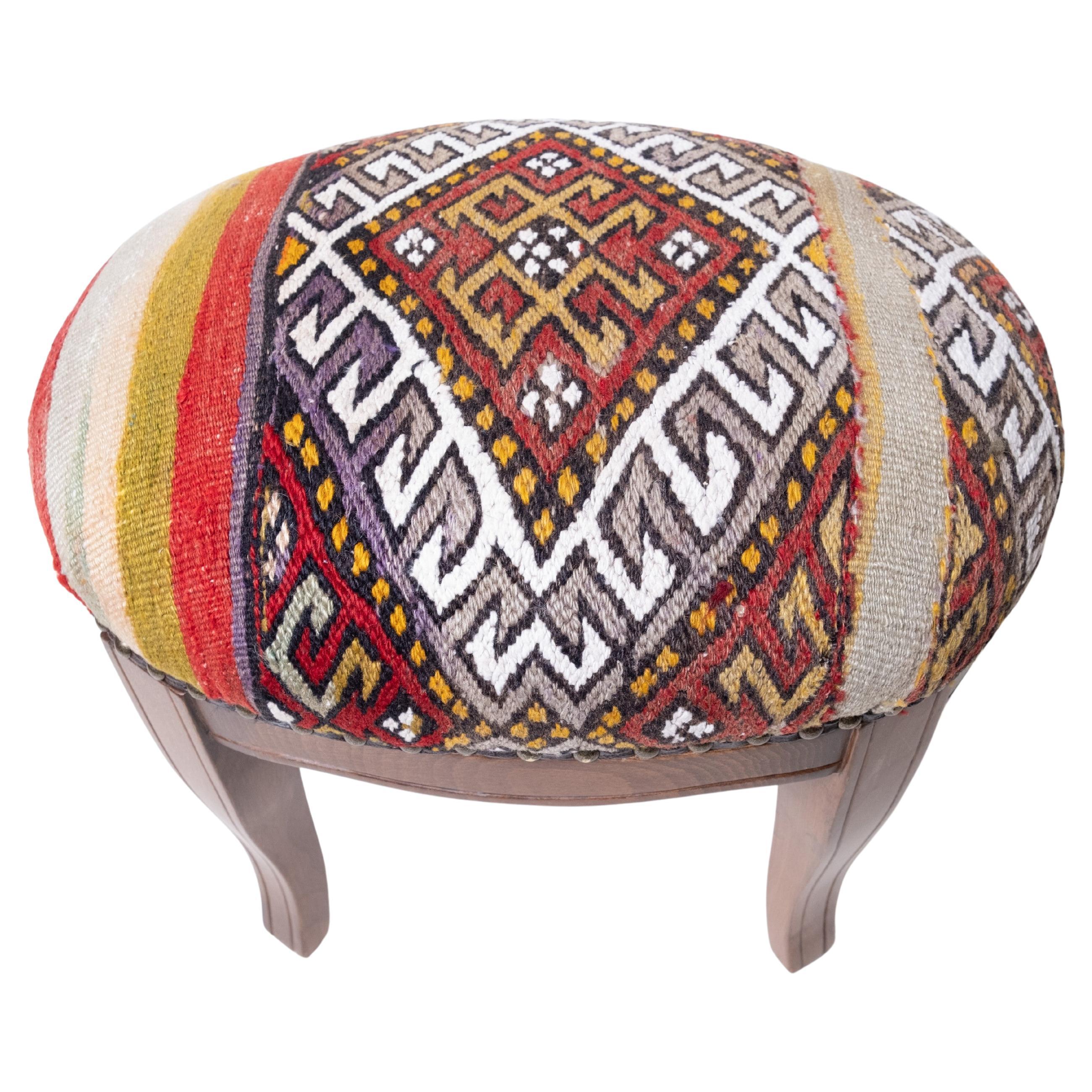 Custom Made Modern Ottoman with Vintage Turkish Anatolian Kilim Cover 
Oak Wood