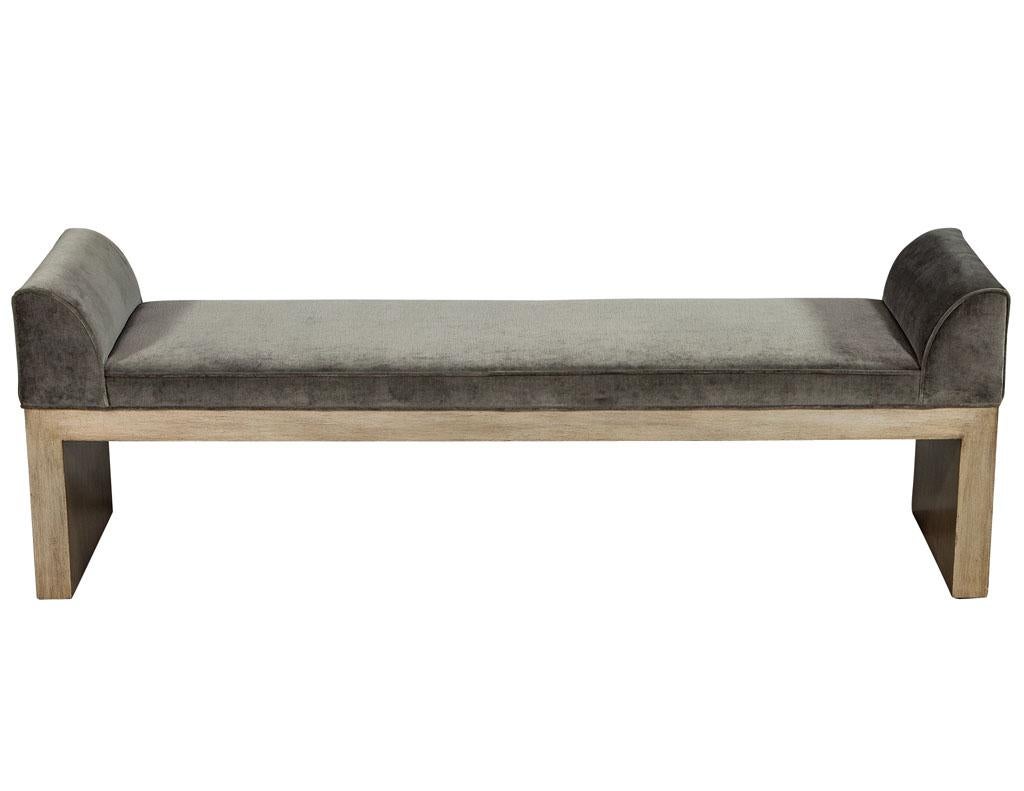 Carrocel Custom made hall bench. Handcrafted here at Carrocel with a custom distressed silver leaf finish. Upholstered in a silvery grey crushed velvet.
