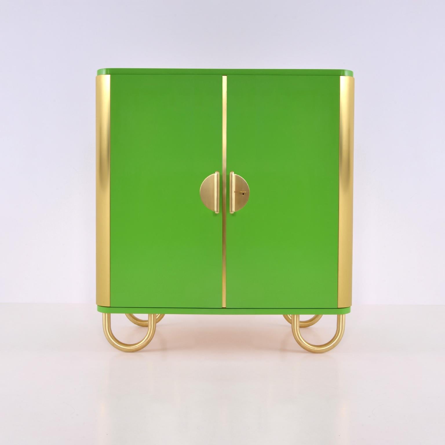 German Custom Made Modernist Two-Door Sideboard, Brass, High-Gloss Lacquered Wood For Sale