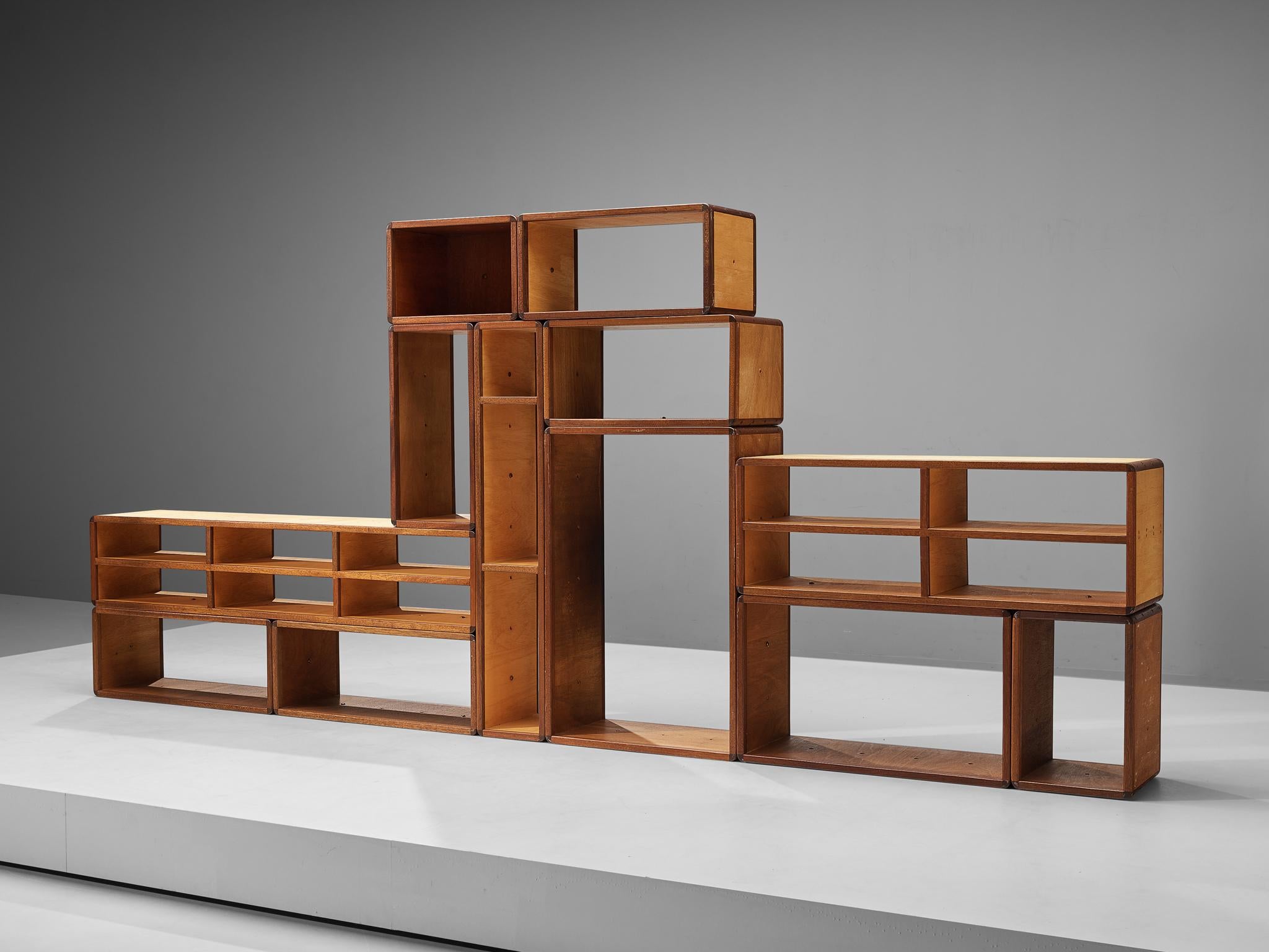 Custom-Made Modular Wall Unit in Teak, Mahogany and Brass 7