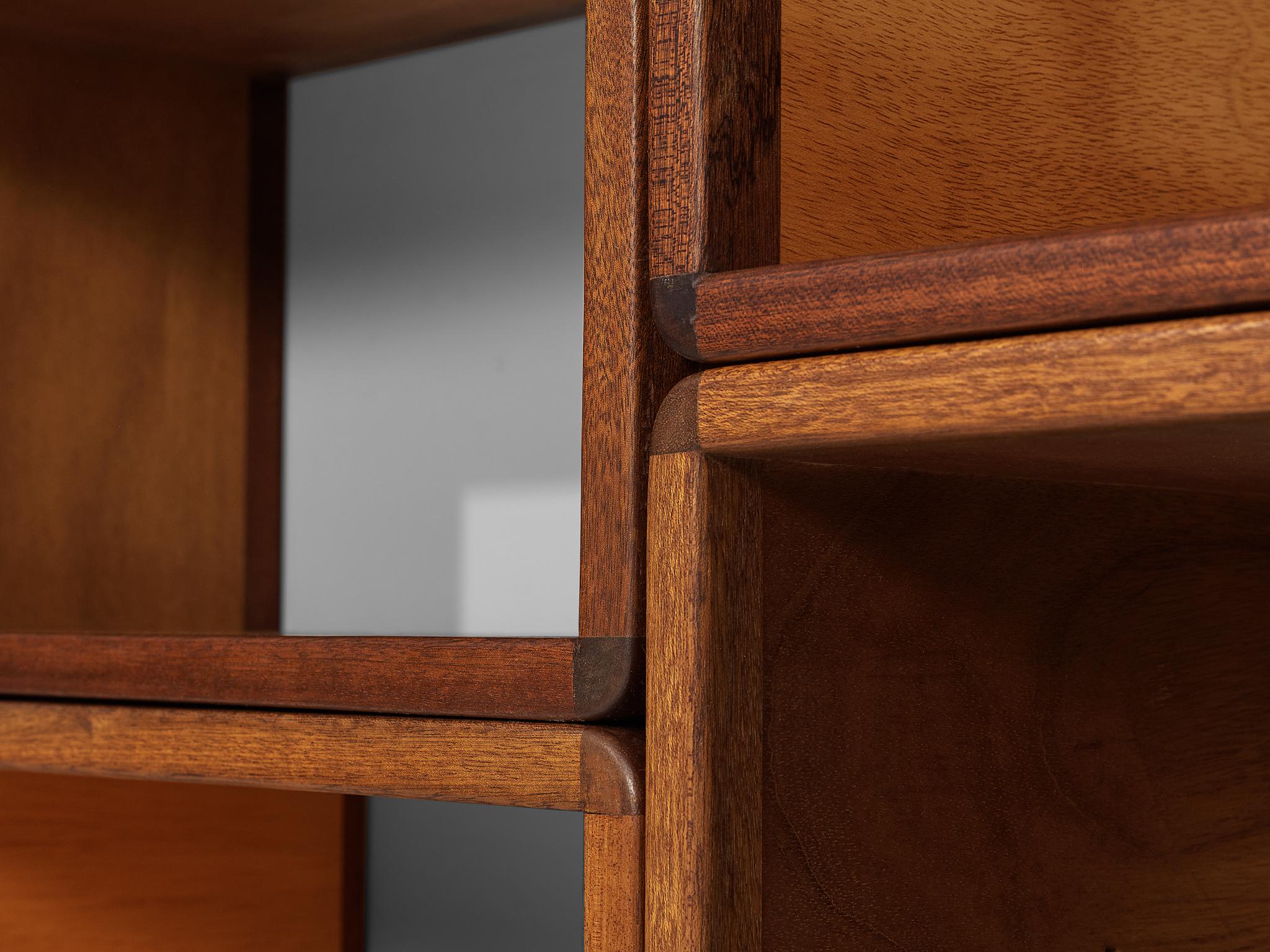 German Custom-Made Modular Wall Unit in Teak, Mahogany and Brass