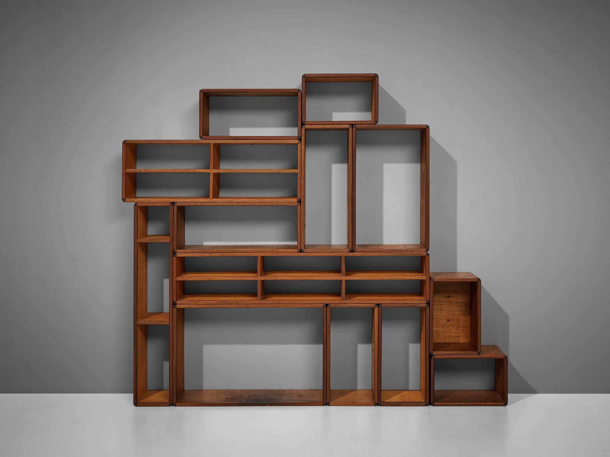 Late 20th Century Custom-Made Modular Wall Unit in Teak, Mahogany and Brass