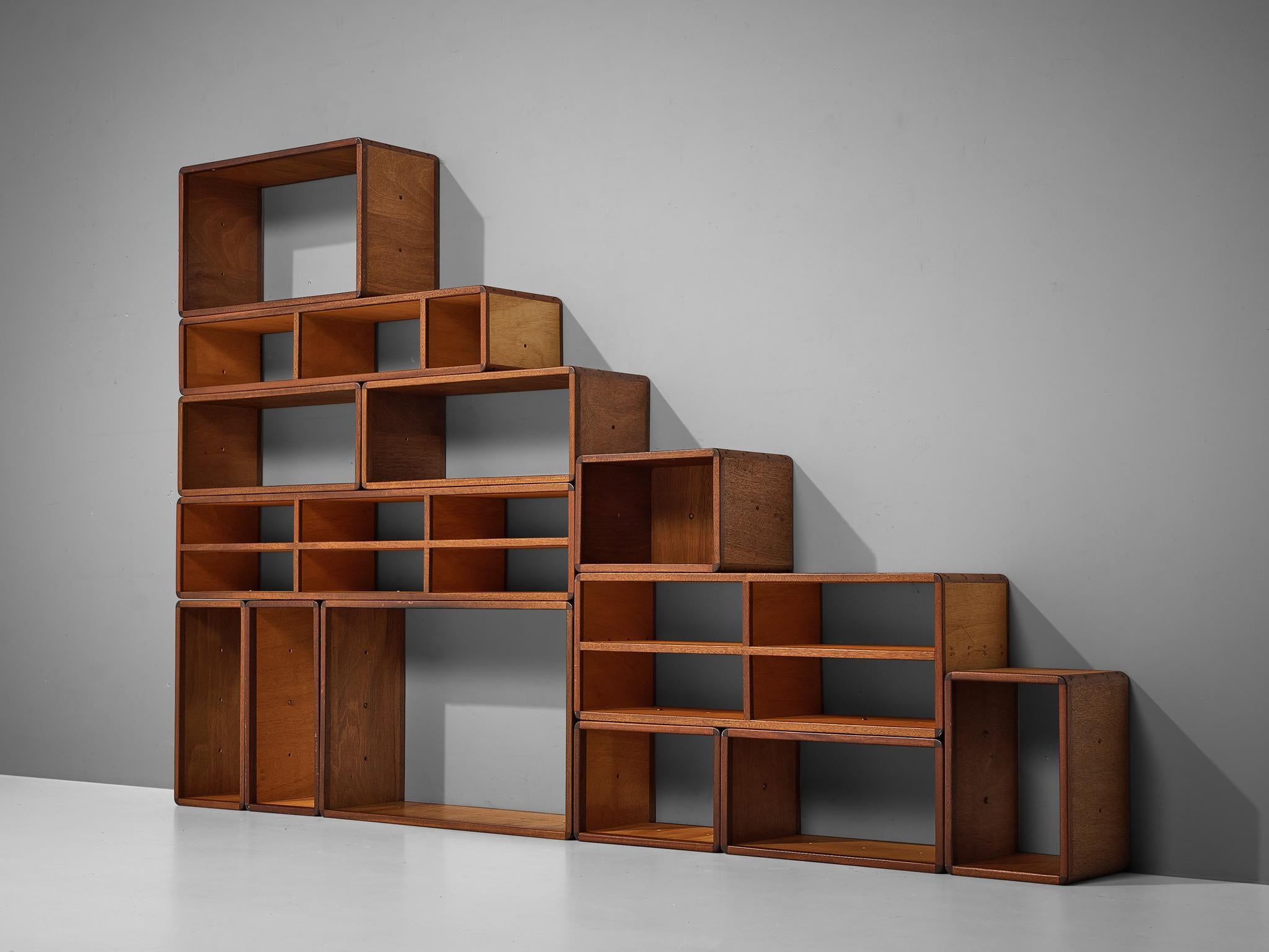 Custom-Made Modular Wall Unit in Teak, Mahogany and Brass 2