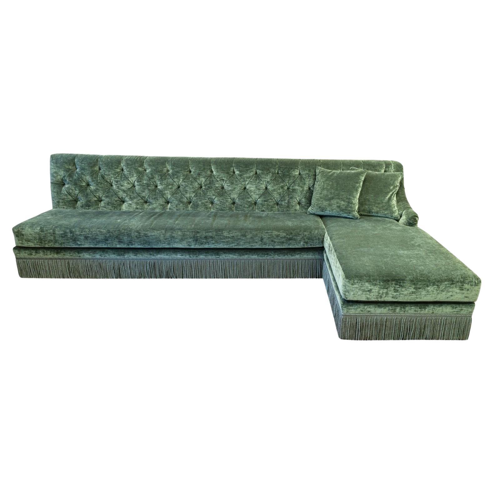 Custom Made Monumental Green Velvet Tufted Hollywood Regency Sofa Sectional