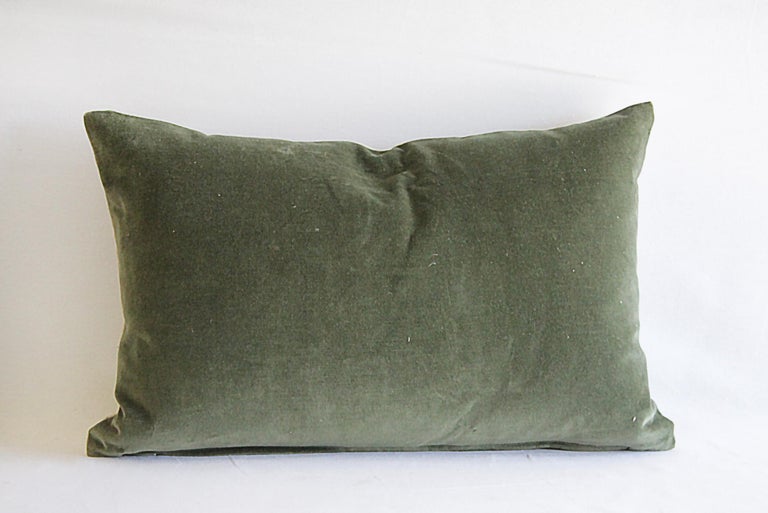Custom Made Moss Green Cotton Velvet and Linen Decorative Lumbar