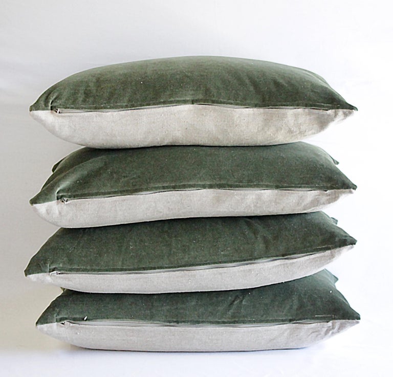Custom Made Moss Green Cotton Velvet and Linen Decorative Lumbar