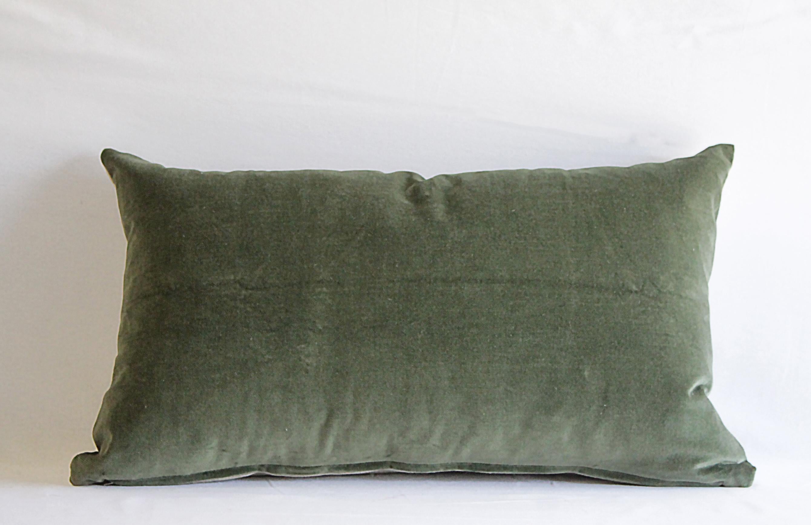 Custom made moss green cotton velvet and linen decorative pillows the front side is a new luxurious moss green cotton velvet, and the reverse is a natural Belgian Flax linen in a natural color. There is a hidden zipper closure, can be machine