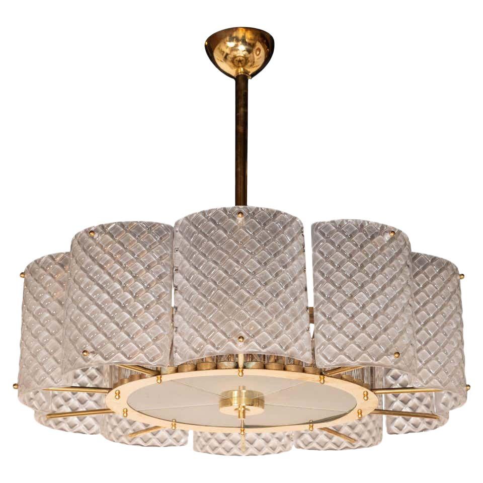 Custom Made Murano Ivory Pearlized Glass and Brass Round Chandelier, Italy