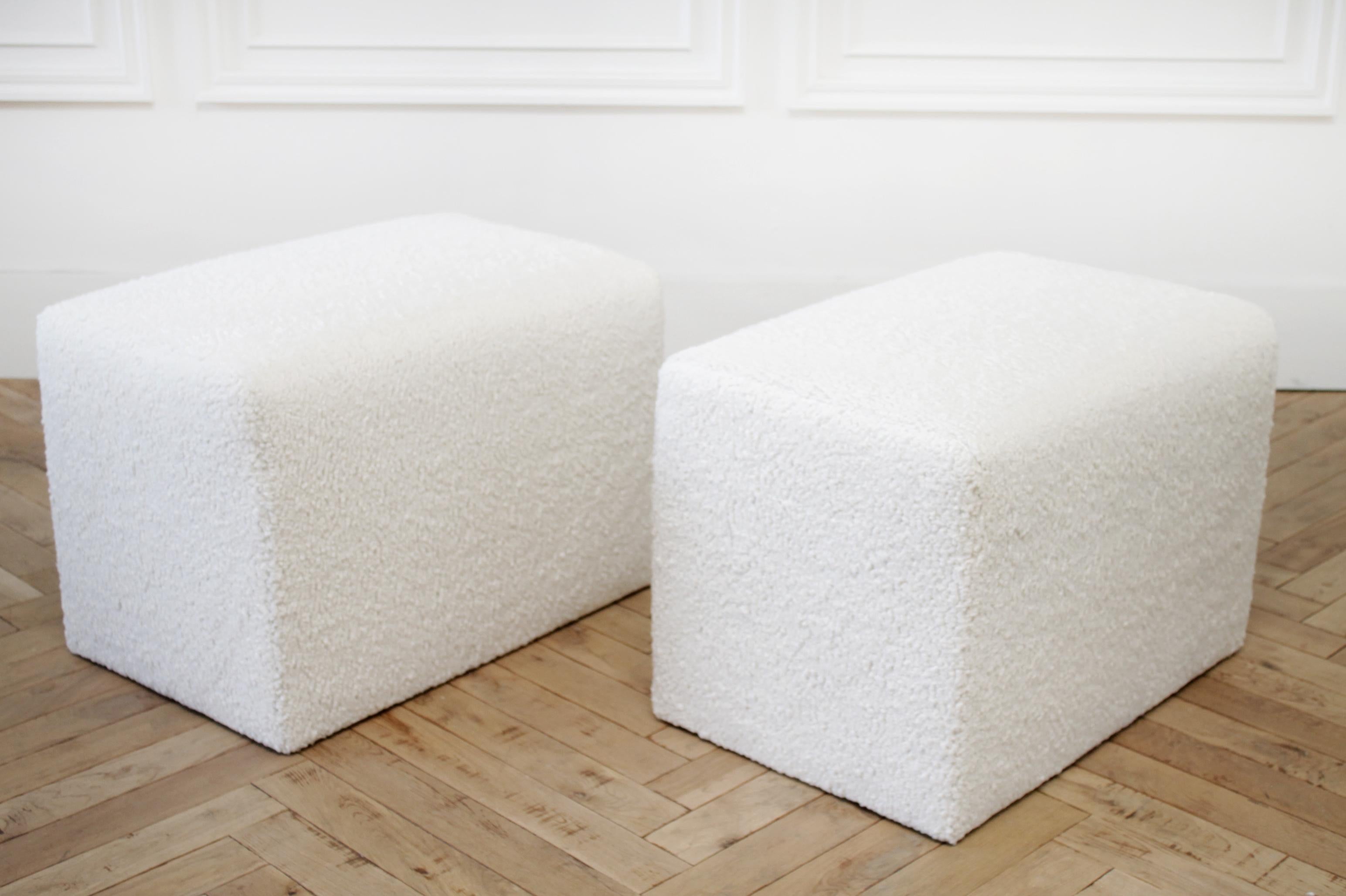 Contemporary Custom Made Natual Faux Sheepskin Cube Ottomans For Sale