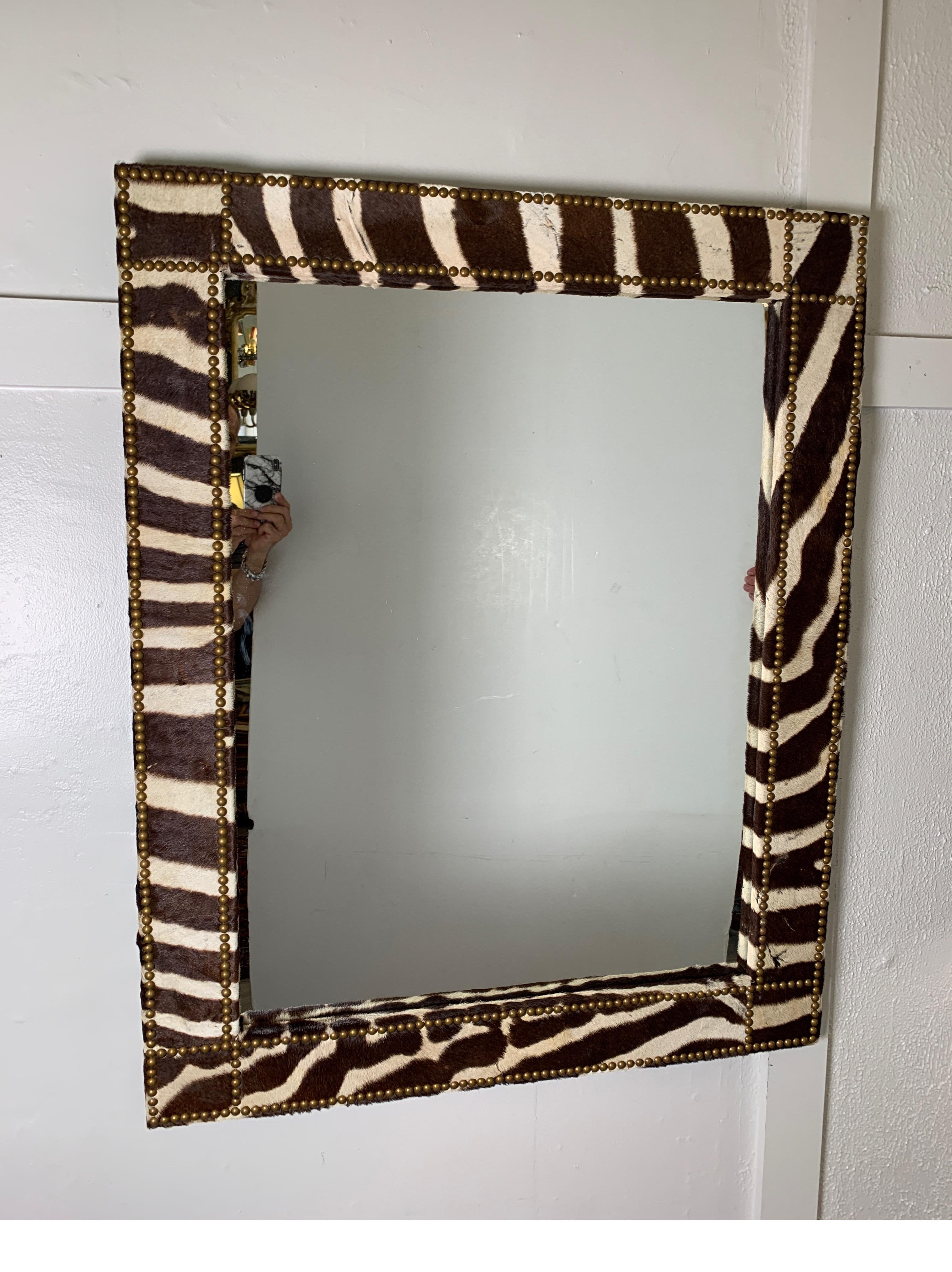 Custom Made Natural Zebra Hide Mirror With French Nail Head Trim