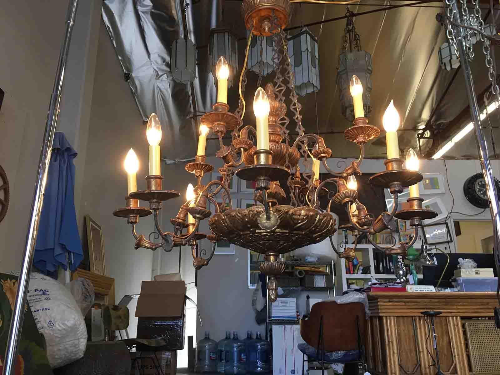Neoclassical Custom Made Neo-Classic English 12 Arm Wood and Iron Chandelier For Sale