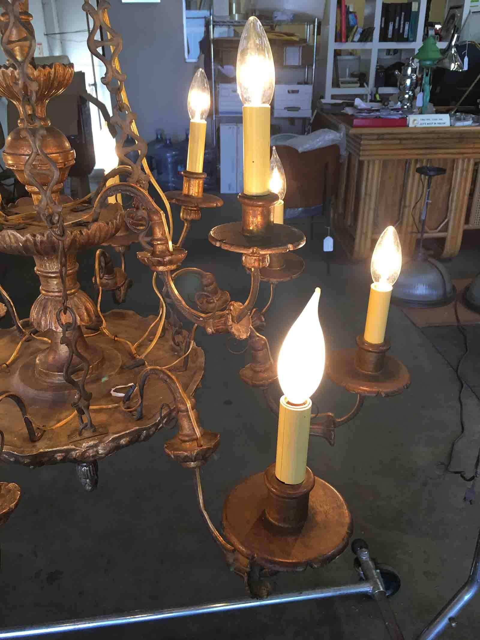 Custom Made Neo-Classic English 12 Arm Wood and Iron Chandelier In Good Condition For Sale In Van Nuys, CA