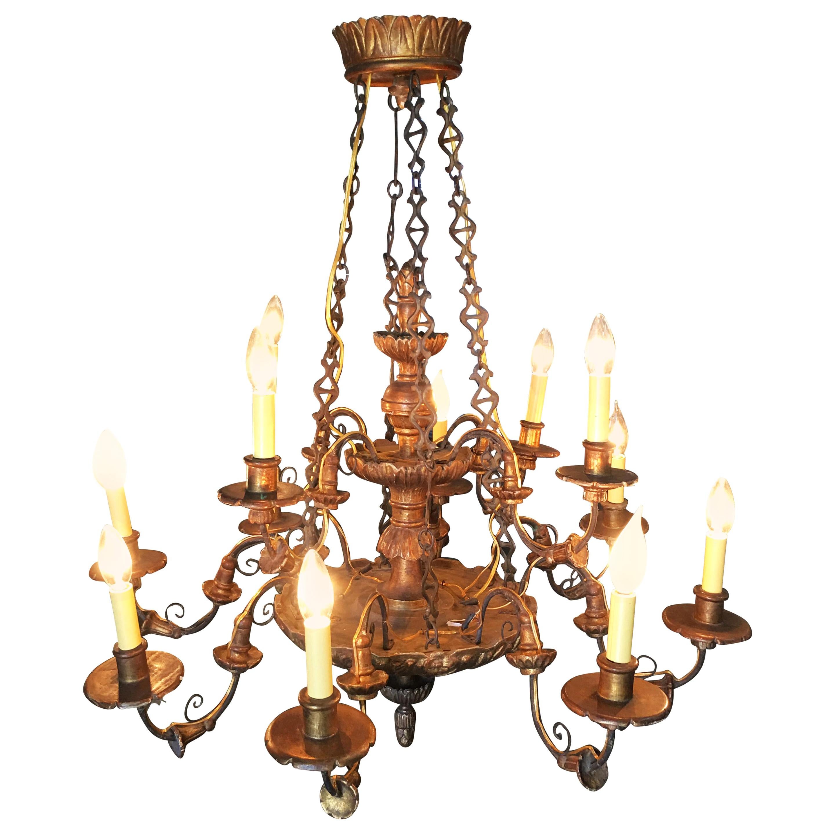 Custom Made Neo-Classic English 12 Arm Wood and Iron Chandelier For Sale