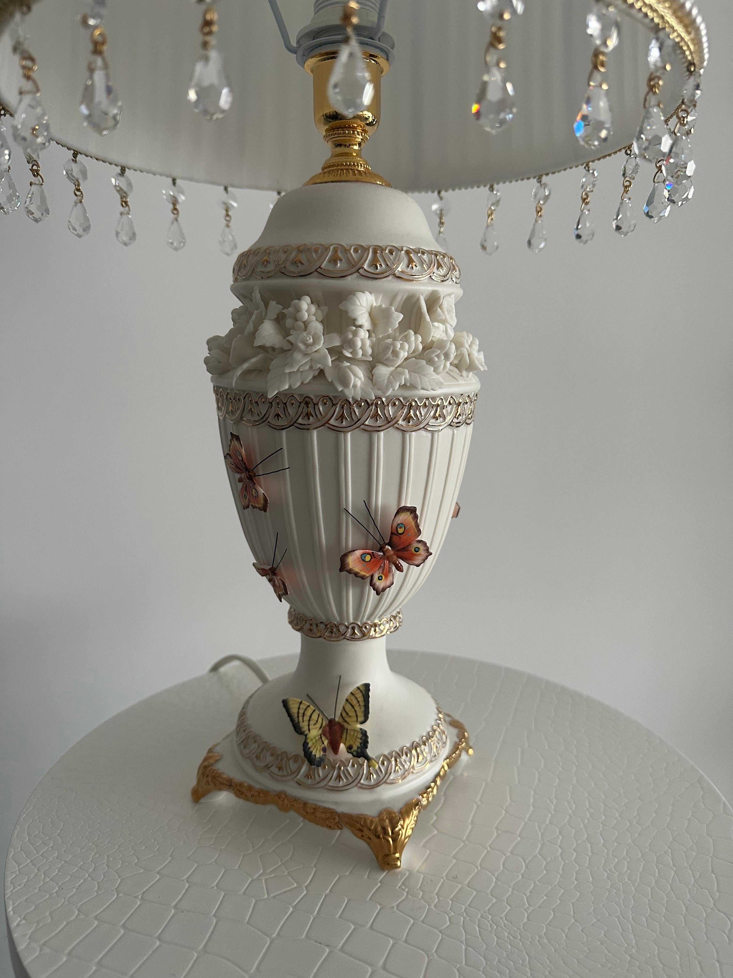 Hand-Crafted Custom Made Neoclassical Revival Porcelain Table Lamps with Butterflies For Sale