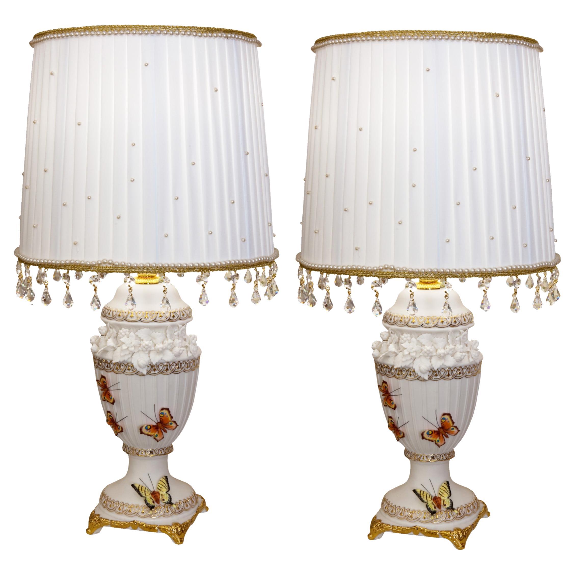 Custom Made Neoclassical Revival Porcelain Table Lamps with Butterflies