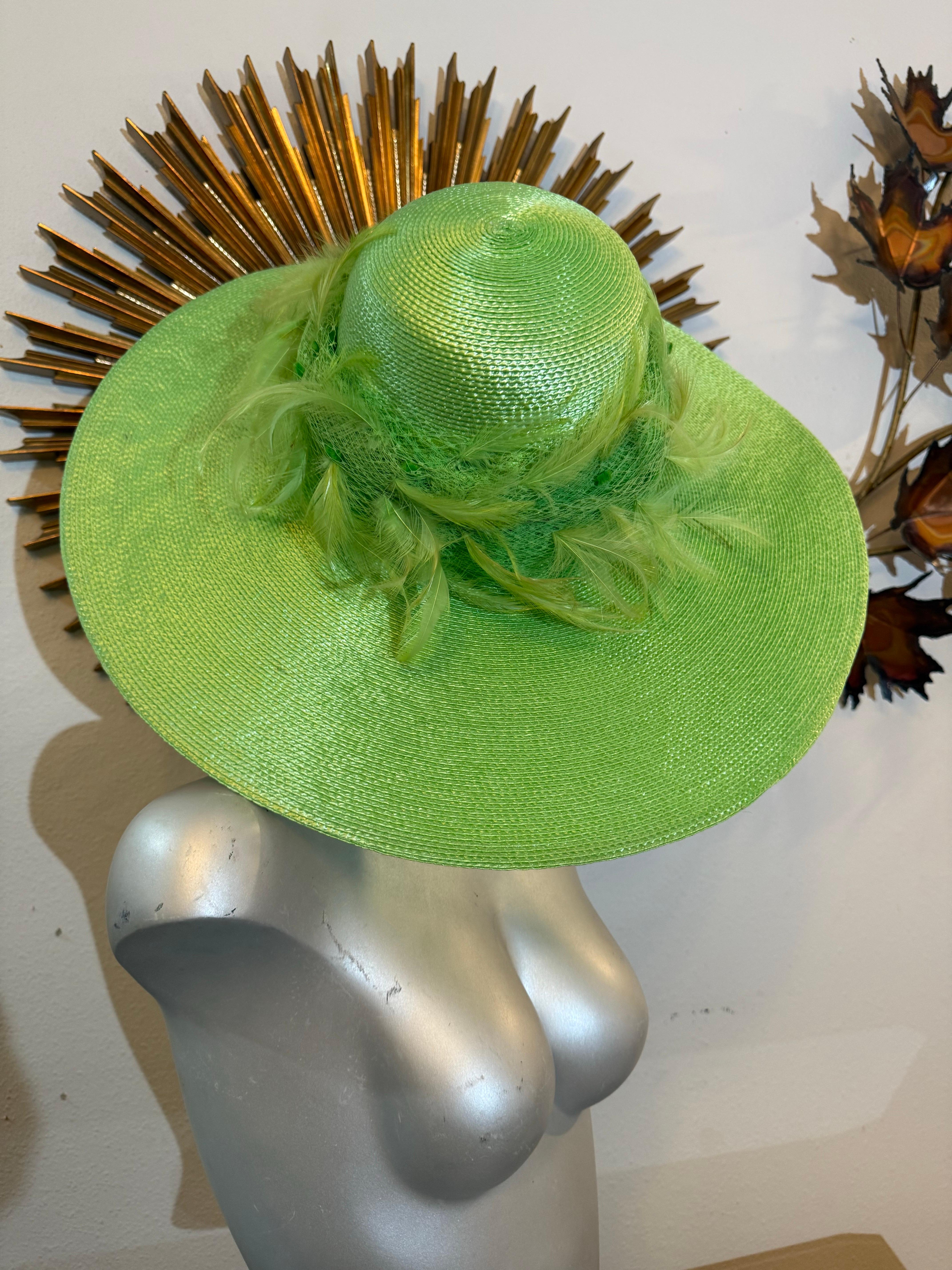 Custom-Made Neon Green Straw Wide-Brim Hat Tall Crown w Netting & Feathers For Sale 6