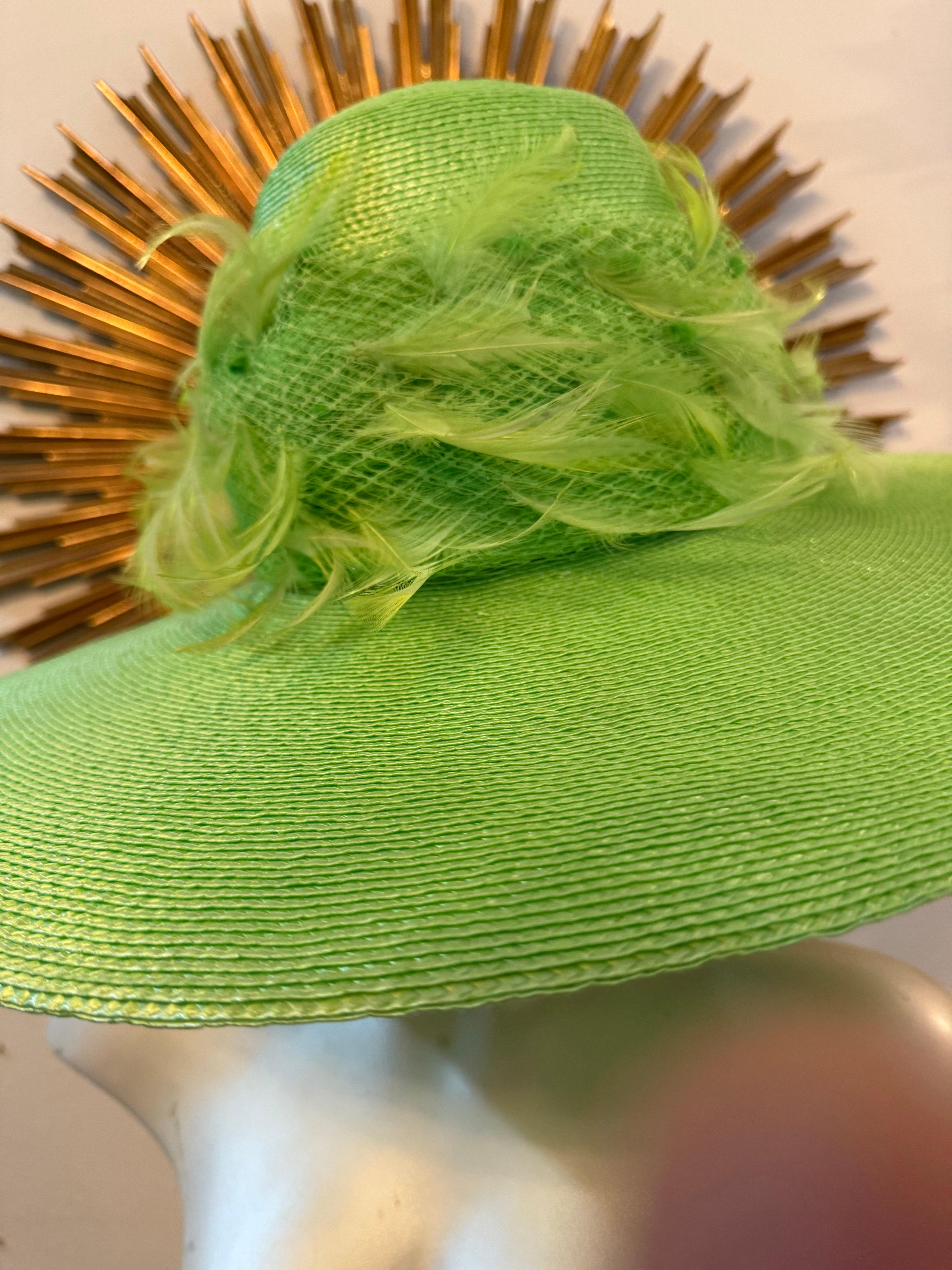 Custom-Made Neon Green Straw Wide-Brim Hat Tall Crown w Netting & Feathers For Sale 7
