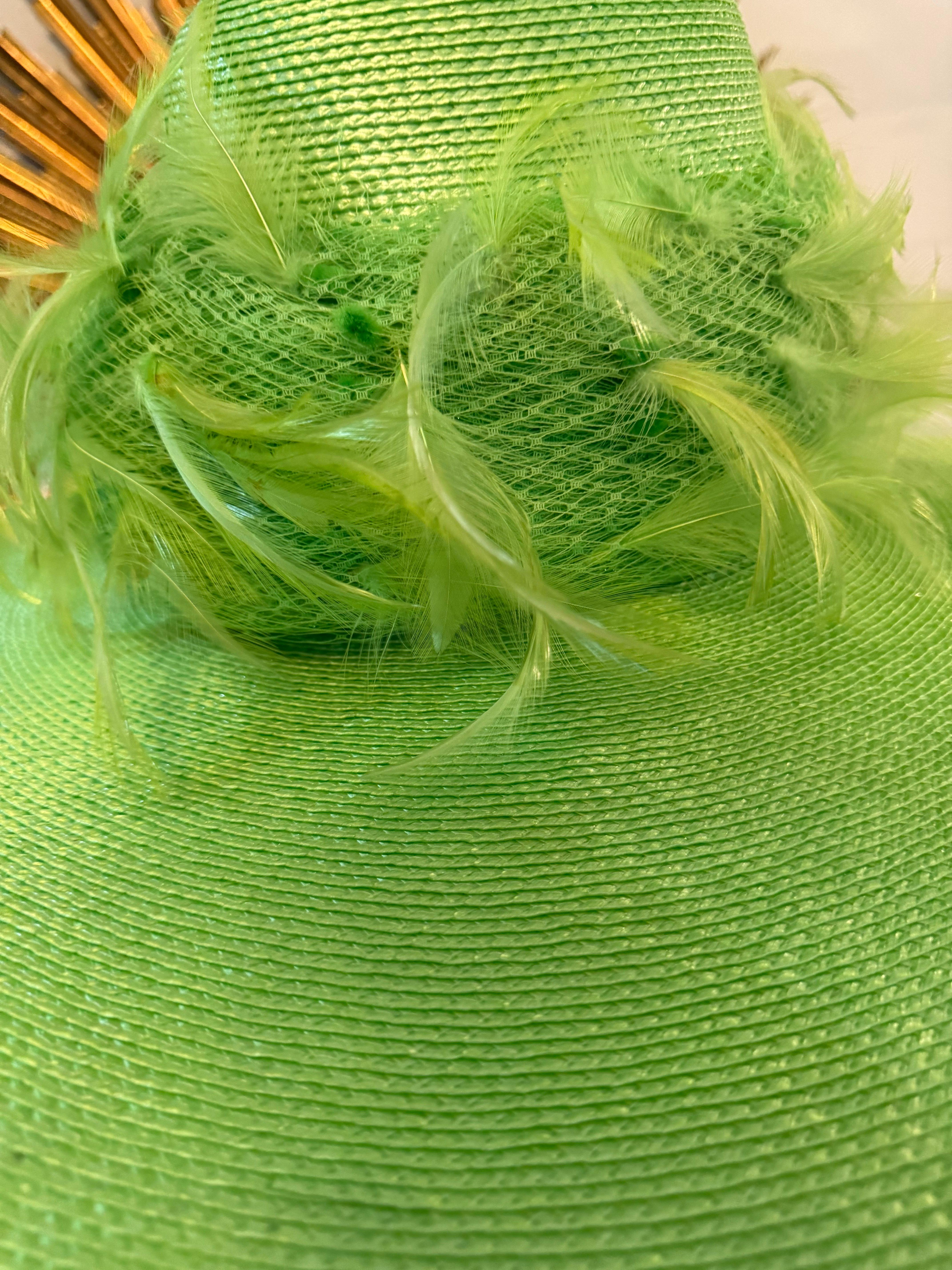 Custom-Made Neon Green Straw Wide-Brim Hat Tall Crown w Netting & Feathers For Sale 9