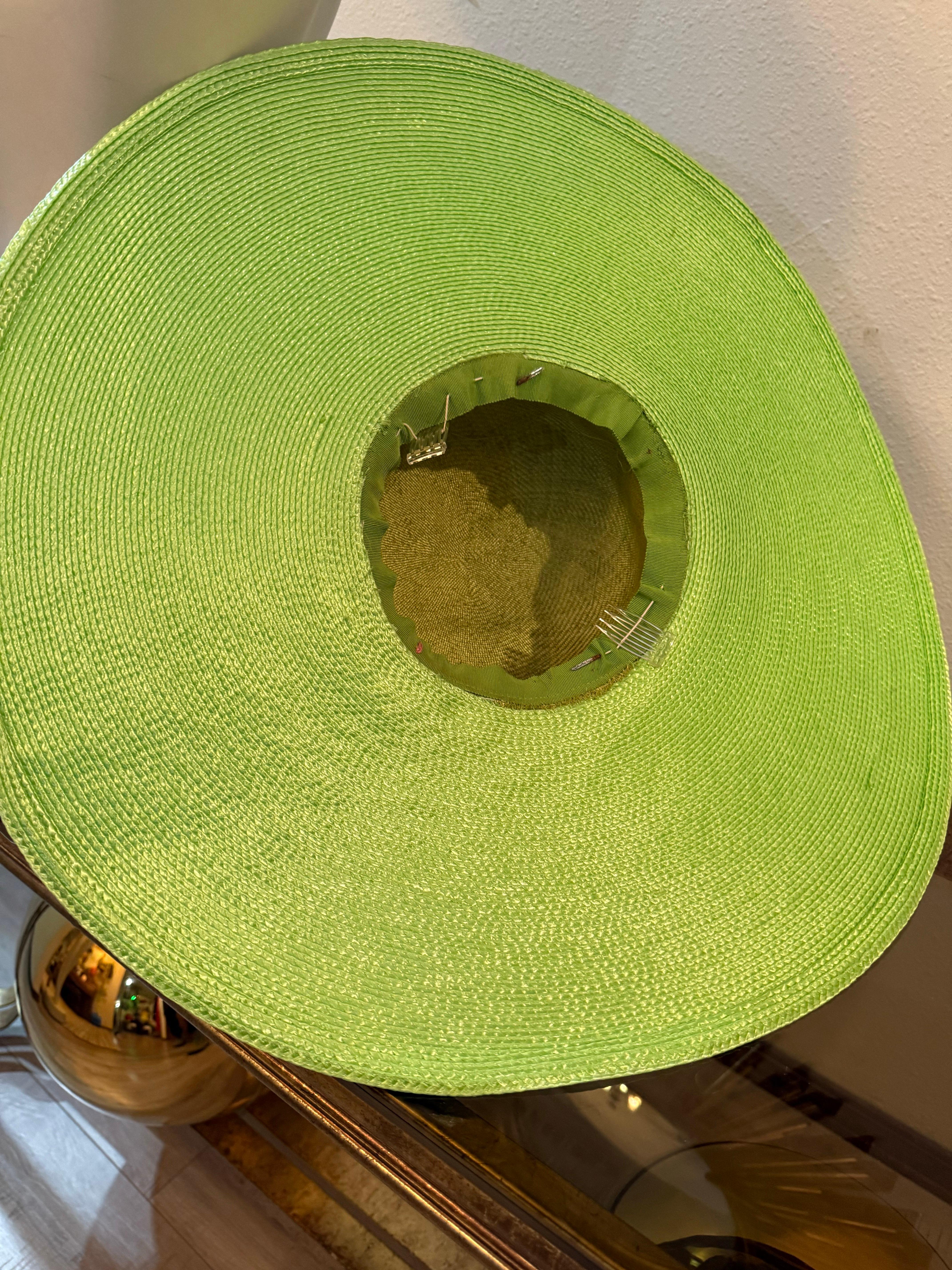 Custom-Made Neon Green Straw Wide-Brim Hat Tall Crown w Netting & Feathers For Sale 10
