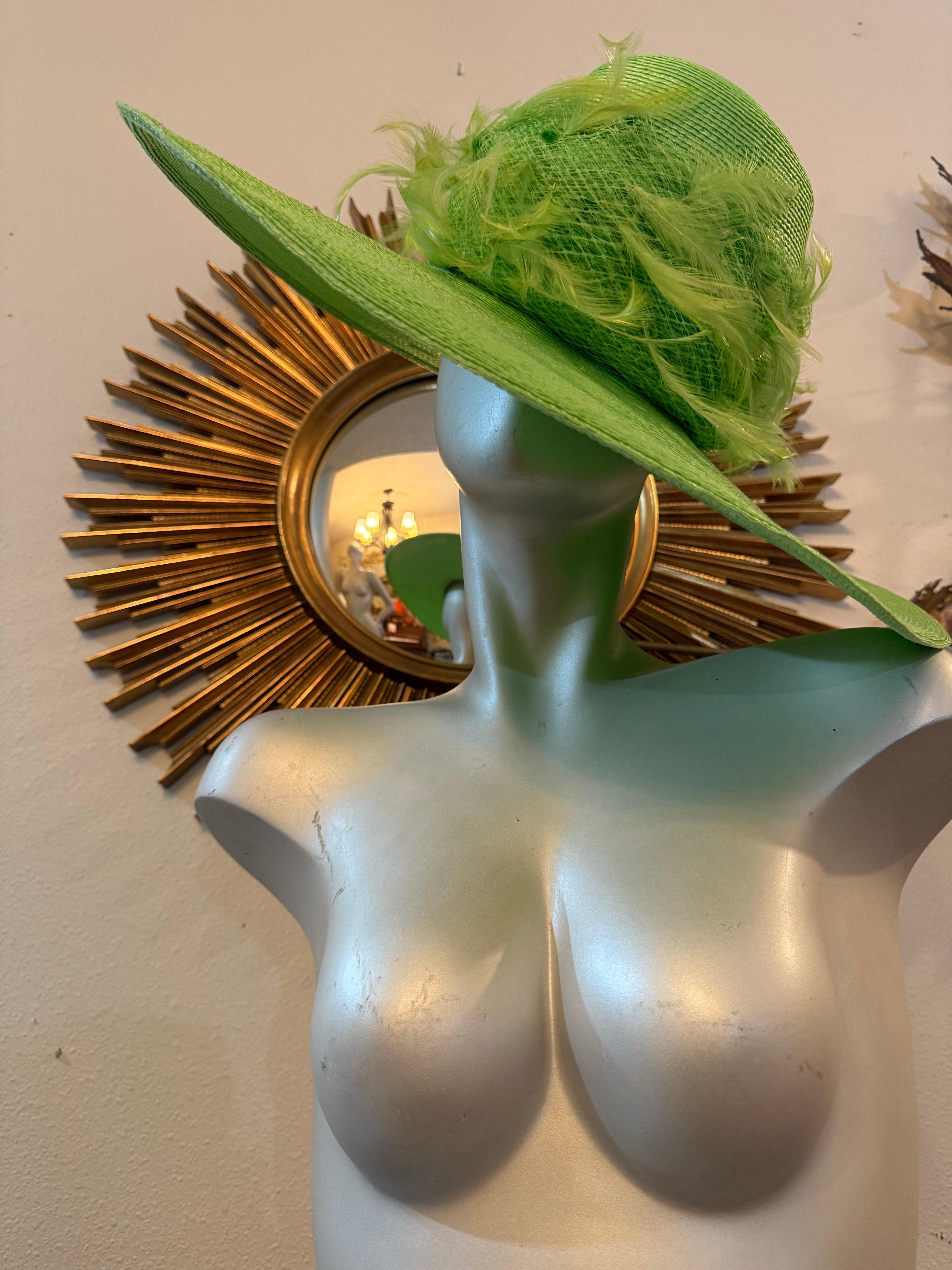 Custom-Made Neon Green Straw Wide-Brim Hat Tall Crown w Netting & Feathers:  Brim measures 21