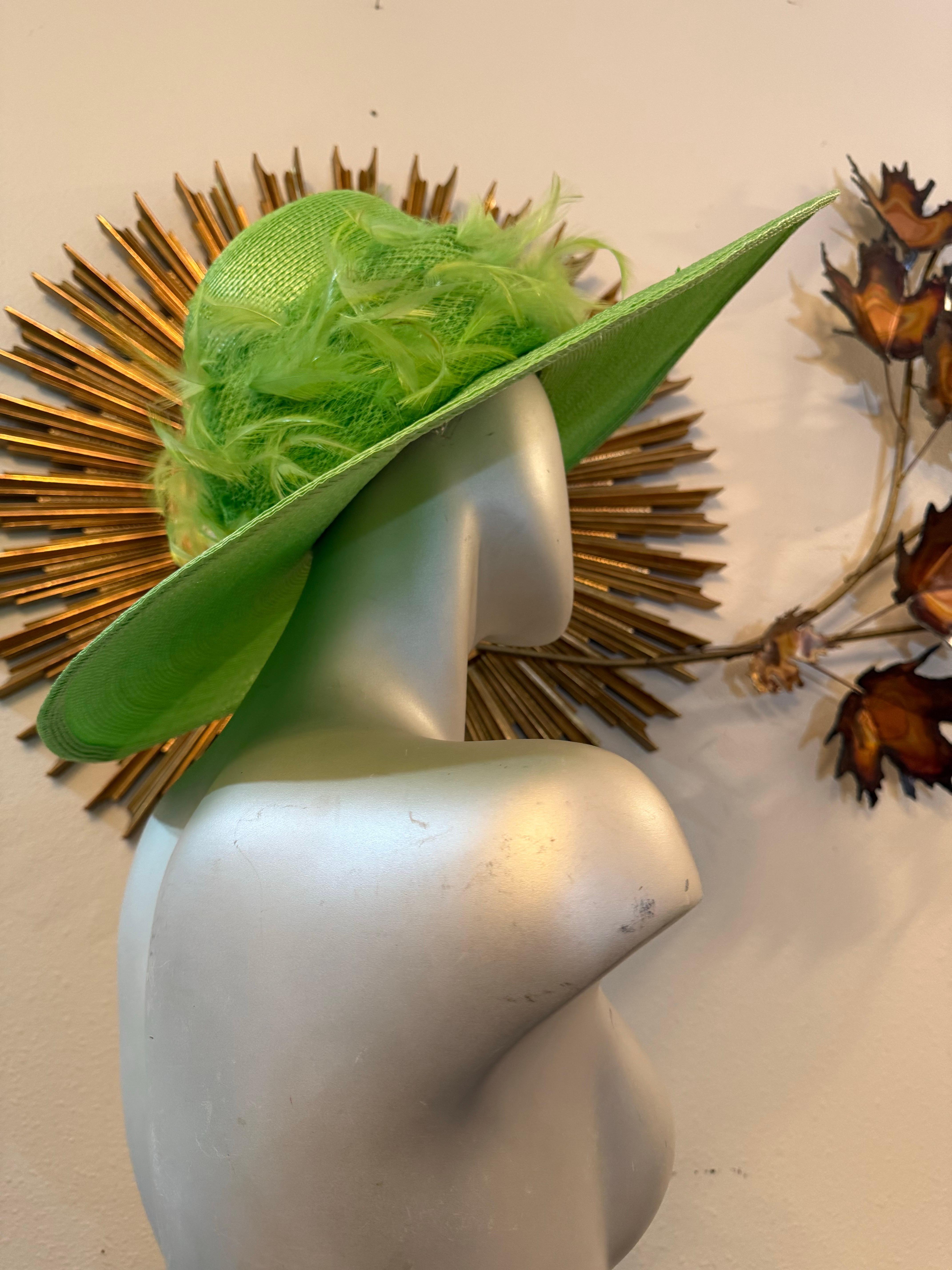 Custom-Made Neon Green Straw Wide-Brim Hat Tall Crown w Netting & Feathers In Excellent Condition For Sale In Gresham, OR