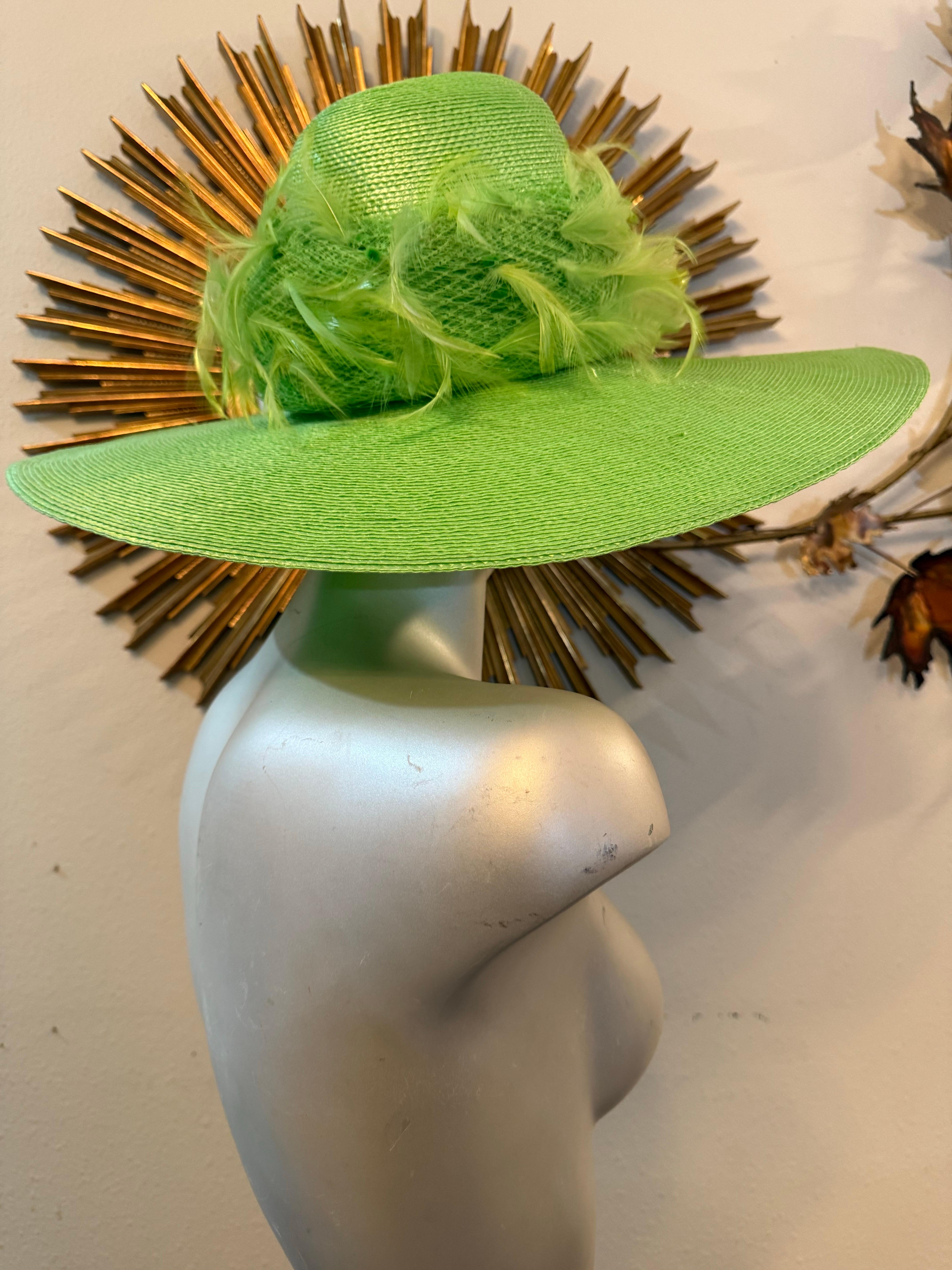 Women's Custom-Made Neon Green Straw Wide-Brim Hat Tall Crown w Netting & Feathers For Sale