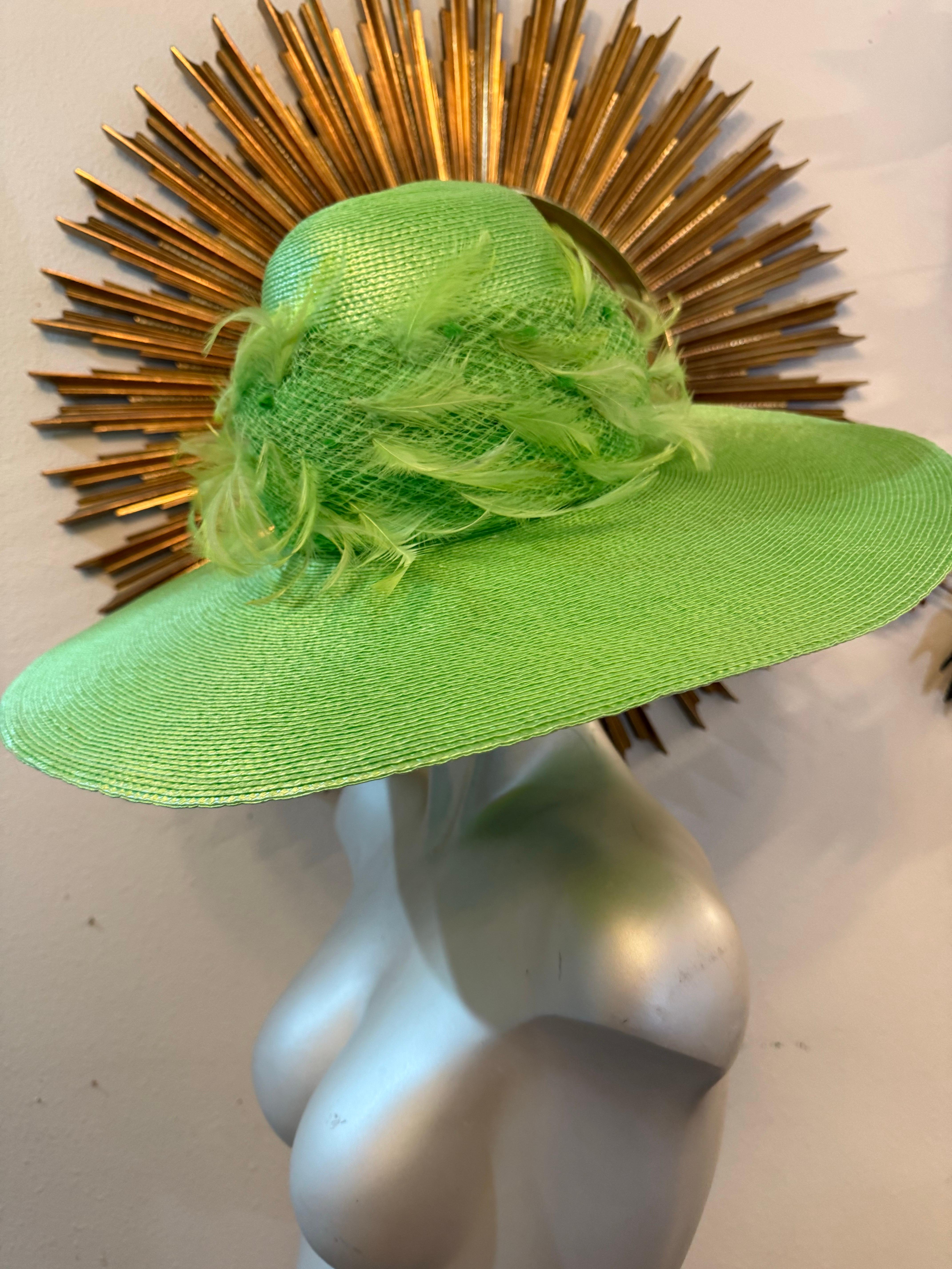 Custom-Made Neon Green Straw Wide-Brim Hat Tall Crown w Netting & Feathers For Sale 1
