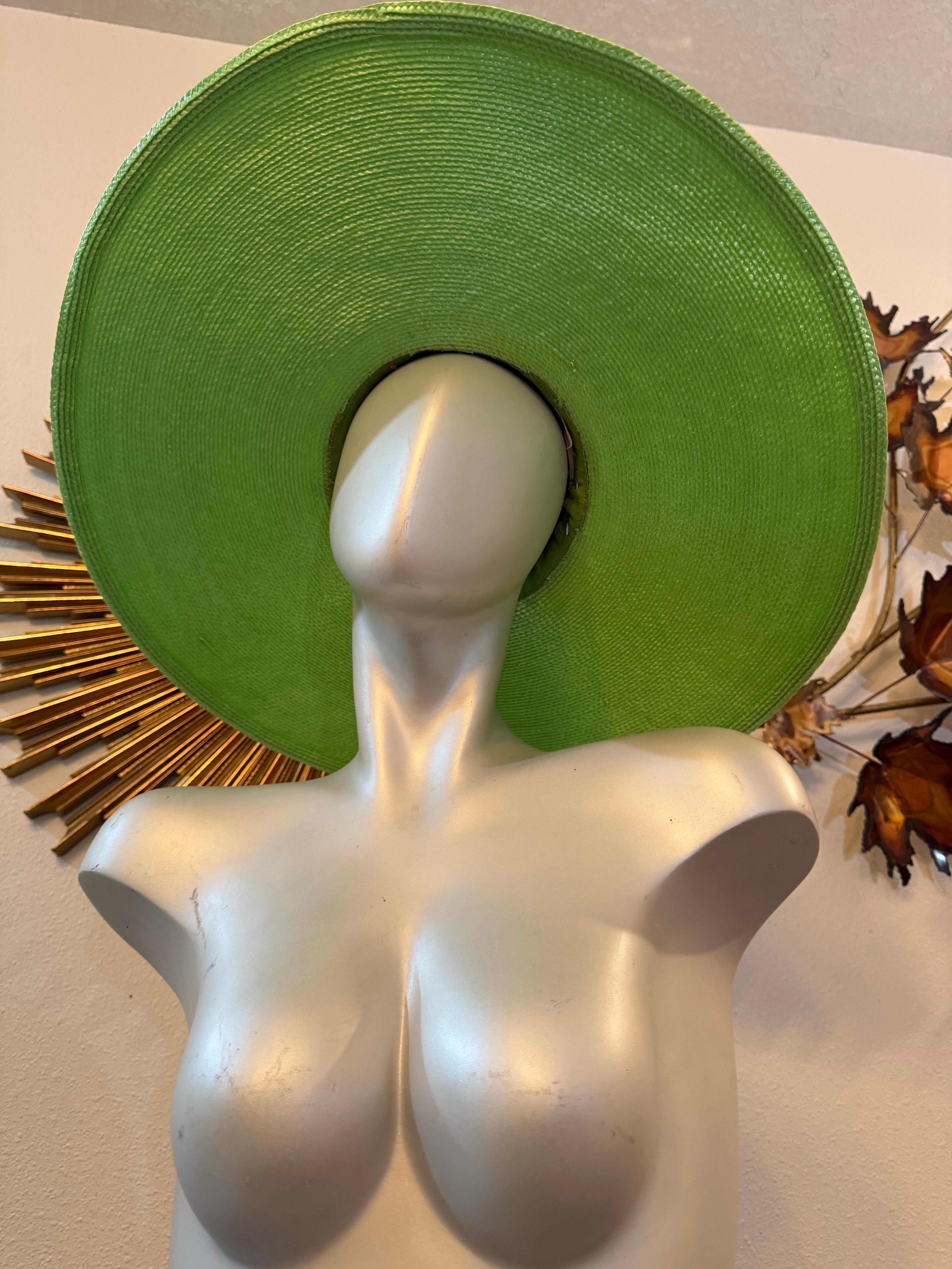 Custom-Made Neon Green Straw Wide-Brim Hat Tall Crown w Netting & Feathers For Sale 2
