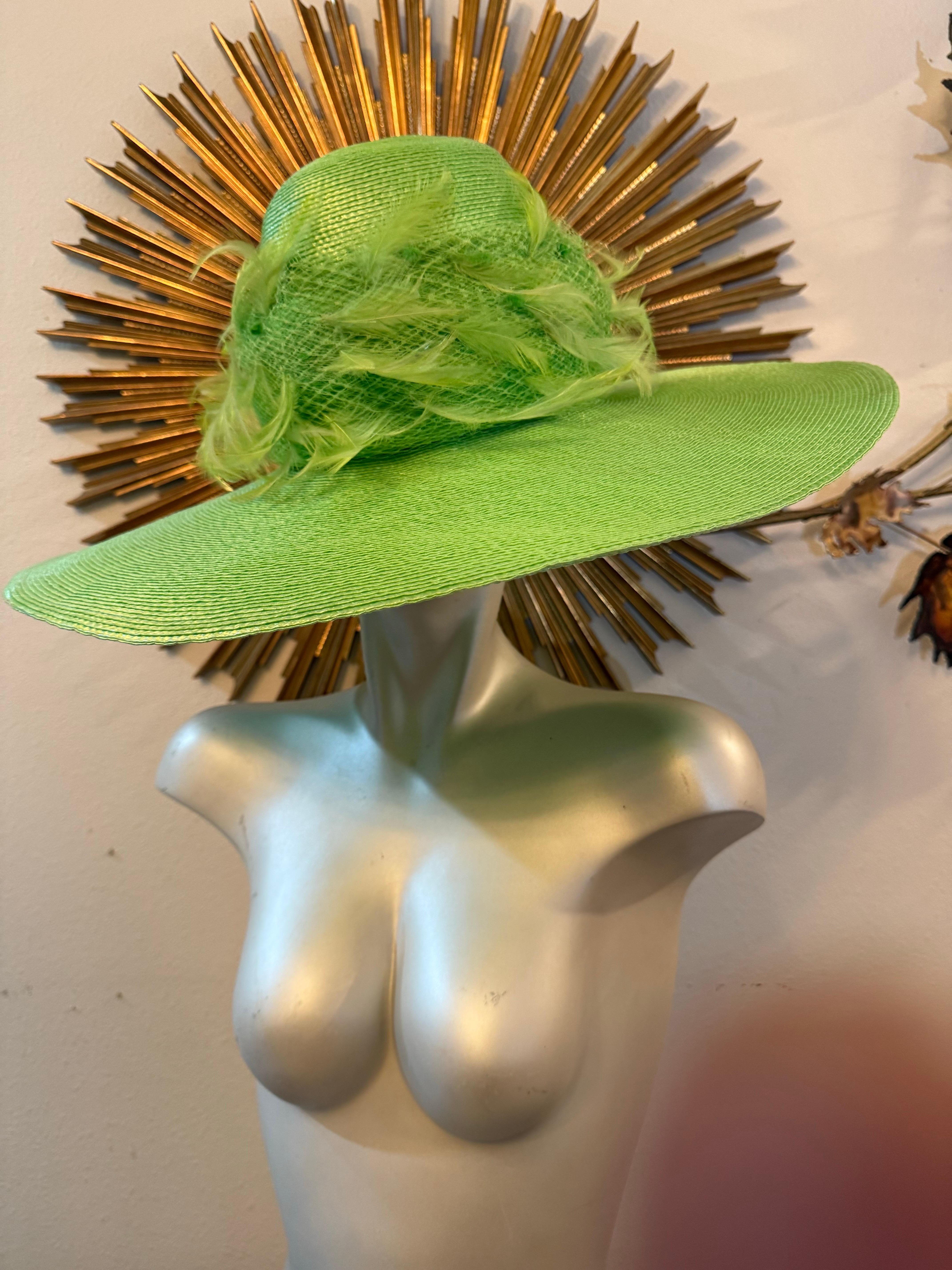 Custom-Made Neon Green Straw Wide-Brim Hat Tall Crown w Netting & Feathers For Sale 3